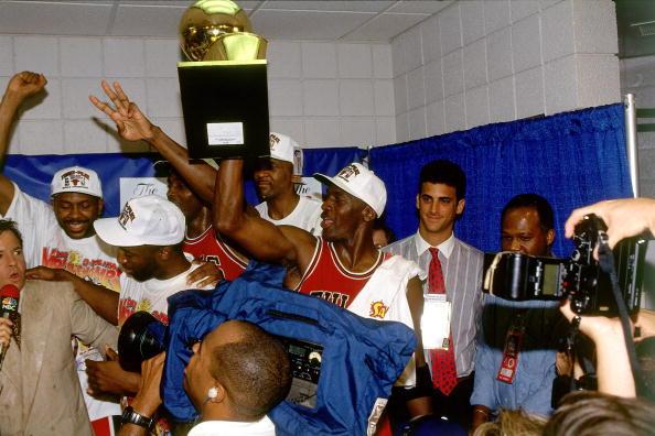 PHOENIX - JUNE 20:  Michael Jordan #23 of the Chicago Bulls celebrates winning the 1993 NBA Championship after defeating the Phoenix Suns in Game Six of the 1993 NBA Finals on June 20, 1993 at the America West Arena in Phoenix, Arizona.  The Bulls won 99-98.  NOTE TO USER:  User expressly acknowledges and agrees that, by downloading and/or using this photograph, user is consenting to the terms and conditions of the Getty Images License Agreement.  Mandatory Copyright Notice: Copyright 1993 NBAE  (Photo by Nathaniel S. Butler/NBAE via Getty Images)