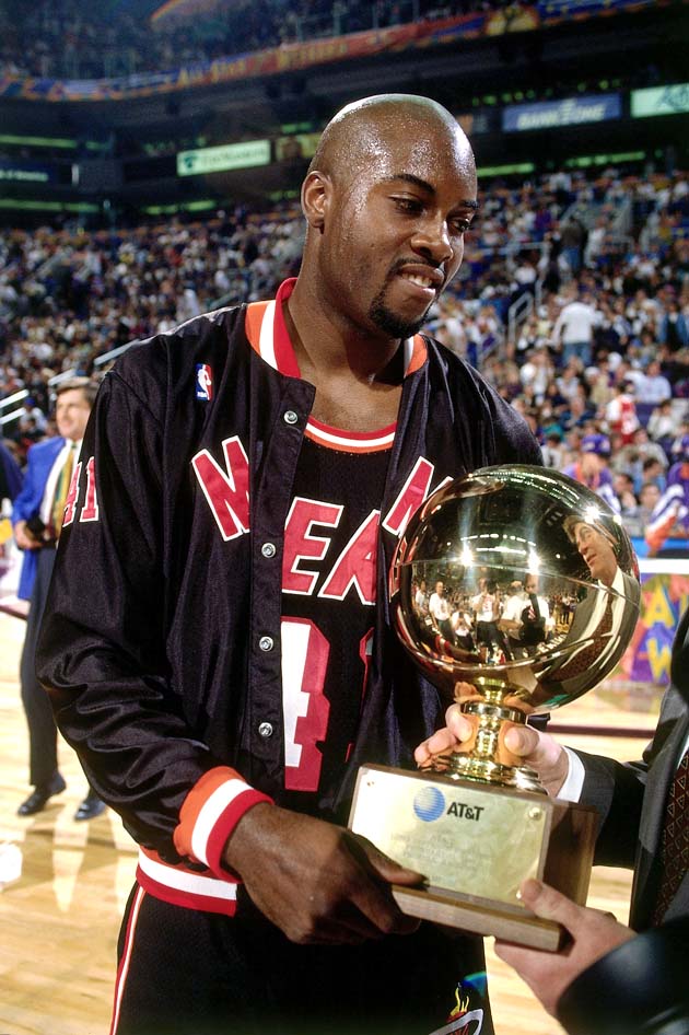 PHOENIX - FEBRUARY 11:  Glen Rice #41 of the Miami Heat poses with the trophy after winning the 1995 AT&amp;T Three Point Shootout on February 11, 1995 at the America West Arena in Phoenix, Arizona.  NOTE TO USER: User expressly acknowledges that, by downloading and or using this photograph, User is consenting to the terms and conditions of the Getty Images License agreement. Mandatory Copyright Notice: Copyright 1995 NBAE (Photo by Andrew D. Bernstein/NBAE via Getty Images)