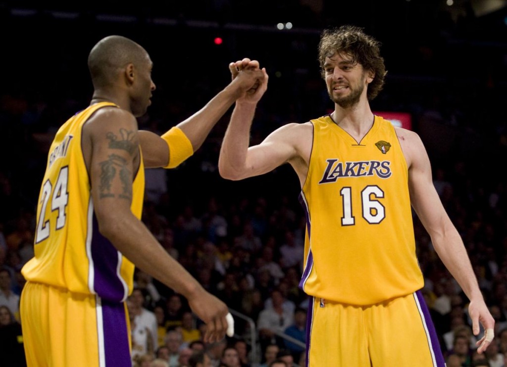 The Lakers' Kobe Bryant celebrates with Pau Gasol during the Lakers 89-67 victory over the Celtics in Game 6 of the NBA Finals on Tuesday in Los Angeles. ///ADDITIONAL INFO:  lakers.0616.kjs  ---  Photo by KEVIN SULLIVAN, THE ORANGE COUNTY REGISTER -- 6/15/10  -- The Los Angeles Lakers take on the Boston Celtics in Game 6 of the NBA Finals at Staples Center. 6/15/10