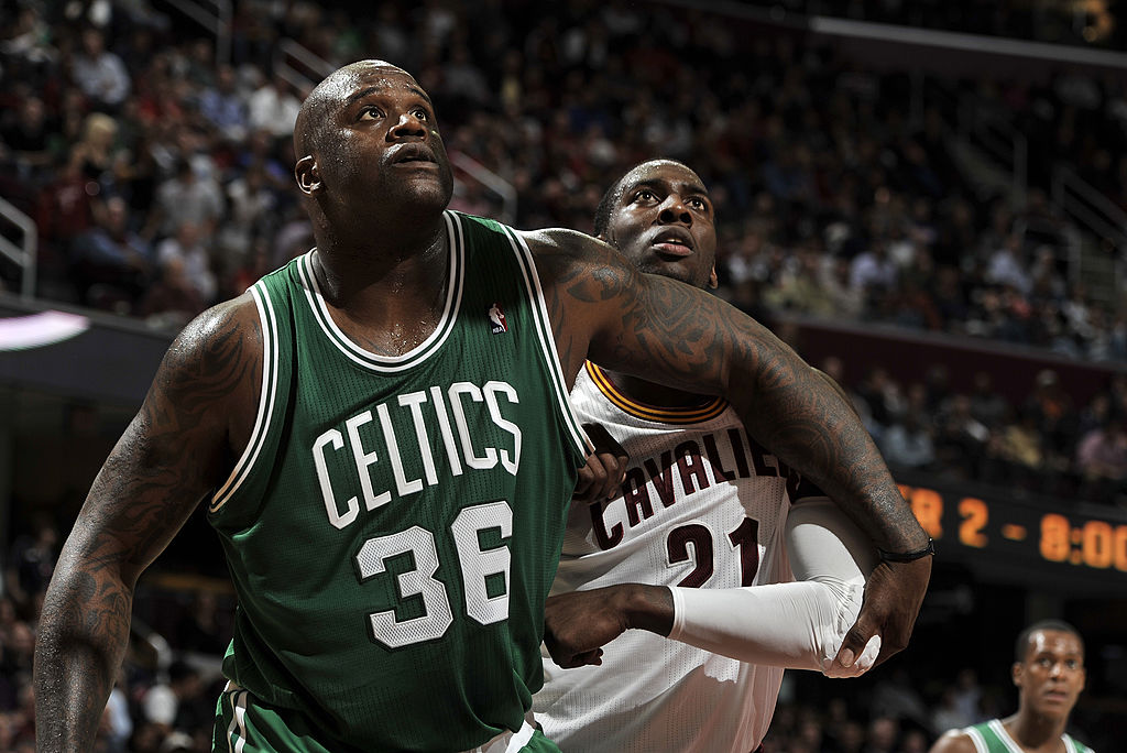 CLEVELAND, OH - NOVEMBER 30:  Shaquille O'Neal #36 of the Boston Celtics boxes out J.J. Hickson #21 of the Cleveland Cavaliers for the rebound at The Quicken Loans Arena on November 30, 2010 in Cleveland, Ohio. NOTE TO USER: User expressly acknowledges and agrees that, by downloading and/or using this Photograph, user is consenting to the terms and conditions of the Getty Images License Agreement. Mandatory Copyright Notice: Copyright 2010 NBAE (Photo by David Liam Kyle/NBAE via Getty Images)