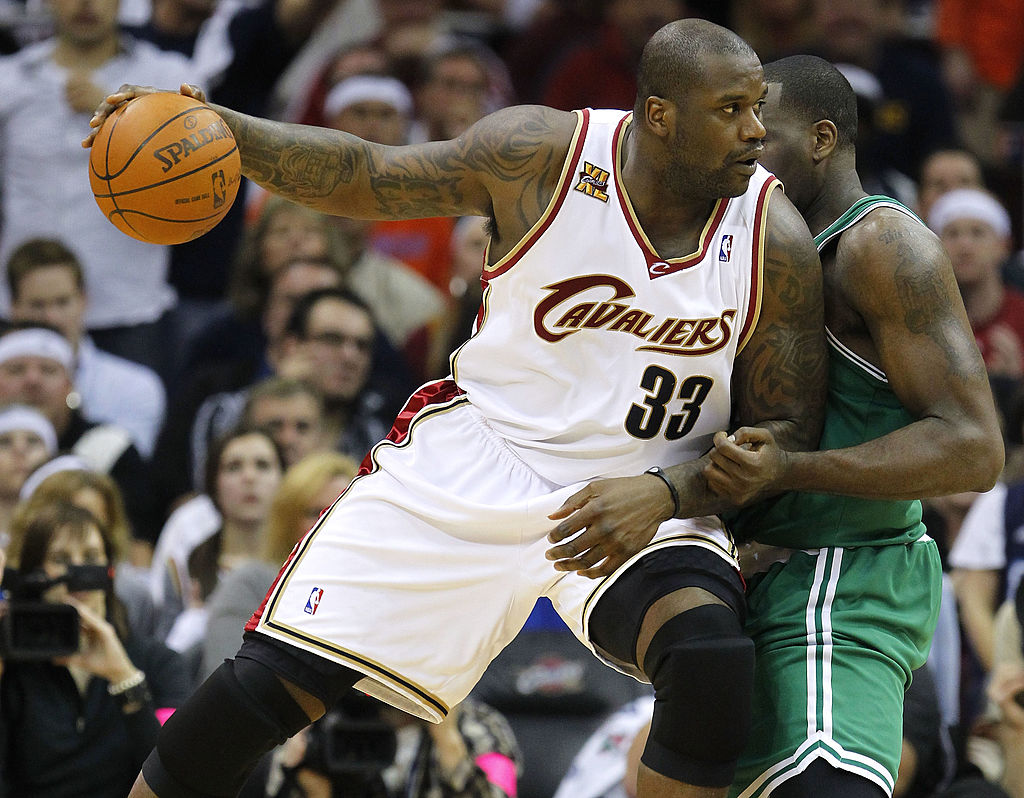 CLEVELAND - MAY 11: Shaquille O'Neal #33 of the Cleveland Cavaliers tries to get around the defense of Kendrick Perkins #43 of the  Boston Celtics in Game Five of the Eastern Conference Semifinals during the 2010 NBA Playoffs at Quicken Loans Arena on May 11, 2010 in Cleveland, Ohio.  NOTE TO USER: User expressly acknowledges and agrees that, by downloading and or using this photograph, User is consenting to the terms and conditions of the Getty Images License Agreement.  (Photo by Gregory Shamus/Getty Images)