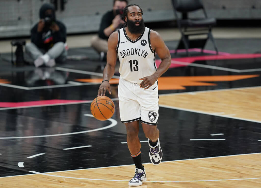 Nov 27, 2024; Washington, District of Columbia, USA; LA Clippers guard James Harden (1) looks on during the first quarter against the Washington Wizards at Capital One Arena. Mandatory Credit: Reggie Hildred-Imagn Images