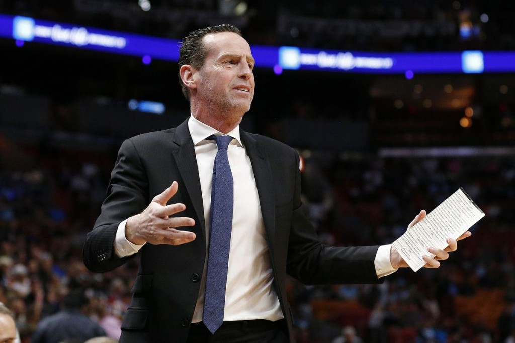 Nov 9, 2024; Cleveland, Ohio, USA; Cleveland Cavaliers head coach Kenny Atkinson reacts in the first quarter against the Brooklyn Nets at Rocket Mortgage FieldHouse.