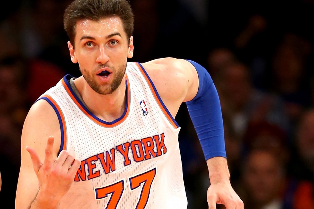 NEW YORK, NY - JANUARY 09:  Andrea Bargnani #77 of the New York Knicks celebrates his basket in the first half against the Miami Heat at Madison Square Garden on January 9, 2014 in New York City. NOTE TO USER: User expressly acknowledges and agrees that, by downloading and/or using this photograph, user is consenting to the terms and conditions of the Getty Images License Agreement.  (Photo by Elsa/Getty Images)