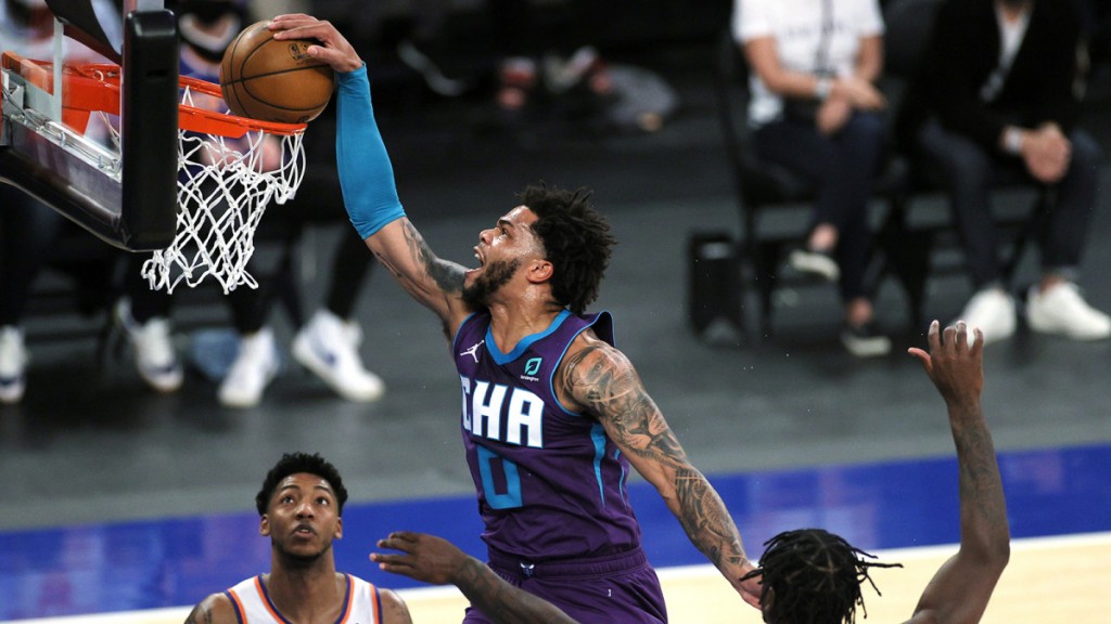 Nov 19, 2024; Brooklyn, New York, USA; Charlotte Hornets forward Miles Bridges (0) walks off the court after losing to the Brooklyn Nets at Barclays Center. Mandatory Credit: Brad Penner-Imagn Images  