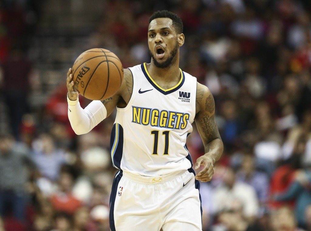 Apr 10, 2024; Denver, Colorado, USA; Minnesota Timberwolves guard Monte Morris (23) before the game against the Denver Nuggets at Ball Arena. Mandatory Credit: Ron Chenoy-Imagn Images