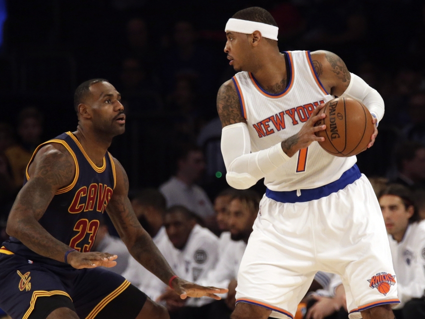 Nov 13, 2015; New York, NY, USA; Cleveland Cavaliers forward LeBron James (23) defends New York Knicks forward Carmelo Anthony (7) during the first half on an NBA basketball game at Madison Square Garden. Mandatory Credit: Adam Hunger-USA TODAY Sports
