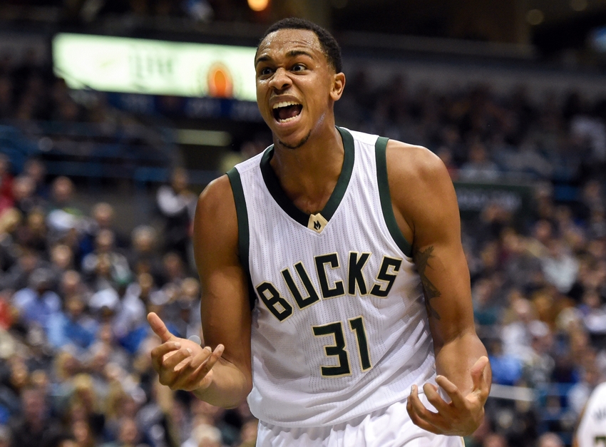 Dec 12, 2015; Milwaukee, WI, USA;  Milwaukee Bucks forward John Henson (31) reacts to a call in the second quarter during the game against the Golden State Warriors at BMO Harris Bradley Center. Mandatory Credit: Benny Sieu-USA TODAY Sports