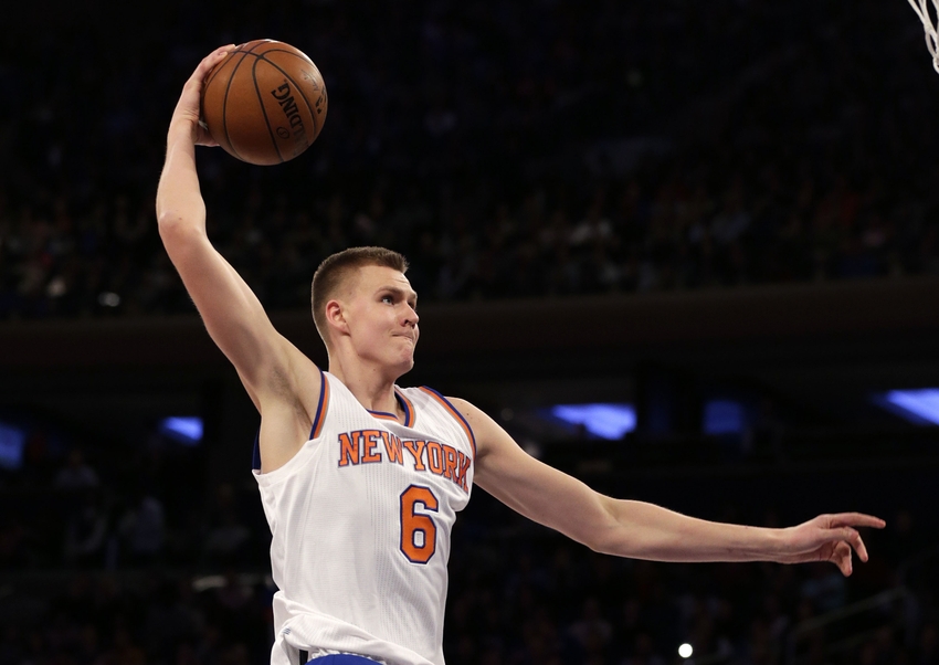 Feb 26, 2016; New York, NY, USA; New York Knicks forward Kristaps Porzingis (6) slam dunks the ball against the Orlando Magic during the second half at Madison Square Garden. The Knicks defeated the Magic 108-95. Mandatory Credit: Adam Hunger-USA TODAY Sports