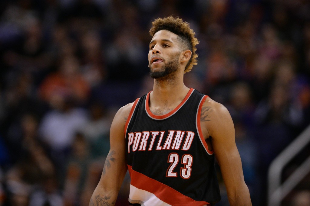 Crabbe (23) walks up the court in the second half against the Phoenix Suns at Talking Stick Resort Arena. The Trail Blazers won 106-96. Mandatory Credit: Jennifer Stewart-USA TODAY Sports