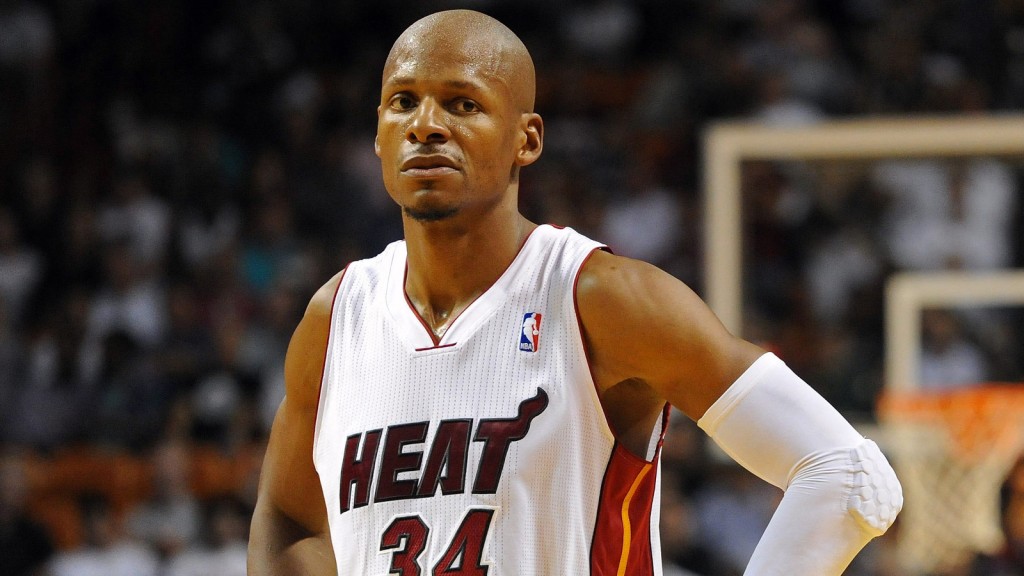 Jan 5, 2014; Miami, FL, USA; Miami Heat shooting guard Ray Allen (34) takes a breather against the Toronto Raptors during the second half at American Airlines Arena. Miami won 102-97. Mandatory Credit: Steve Mitchell-USA TODAY Sports