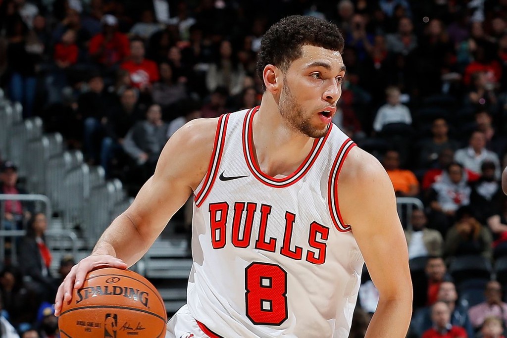 Chicago Bulls guard Zach LaVine looks on during the first half against the Atlanta Hawks at United Center.