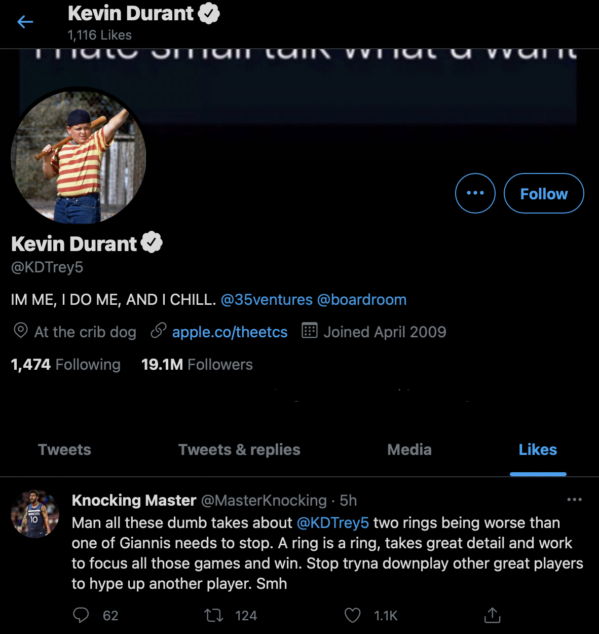 Kevin Durant Likes Tweet Defending His Championships Rings With The Warriors Against Giannis Antetokounmpo's Ring With The Bucks "A Ring Is A Ring, Takes Great Detail And Work To Focus All Those Games And Win"