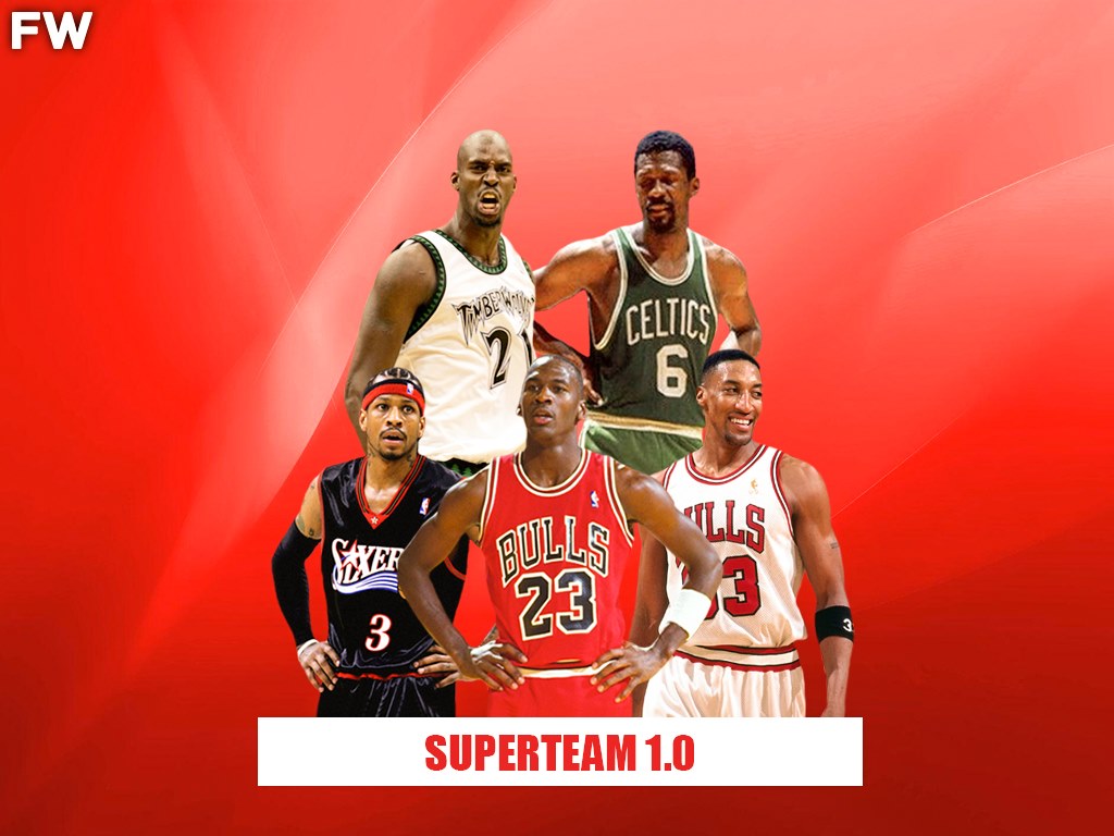 <em></figure>
<h3>Allen Iverson, Michael Jordan, Scottie Pippen, Kevin Garnett, Bill Russell</h3>
<p>This lineup has it all on both ends of the floor, from perimeter scoring to lockdown defense. It is obvious that Allen Iverson and Michael Jordan will take all the shots for their team, scoring bucket after bucket. The reason is simple: the rest of the lineup is built on defense and hustle.
</p>
<p>Scottie Pippen is one of the best small forwards of all time, while Garnett and Russell are some of the best paint protectors ever. With Garnett getting stops and Russell hauling down 20 rebounds a game, Pippen can push the break with Iverson and Jordan ready to shoot. This team would go 82-0 and it would not even be difficult for them to do so.
</p>
<hr>
<h2>Superteam 2.0 – “Supreme Efficiency”</h2>
<figure><img decoding=