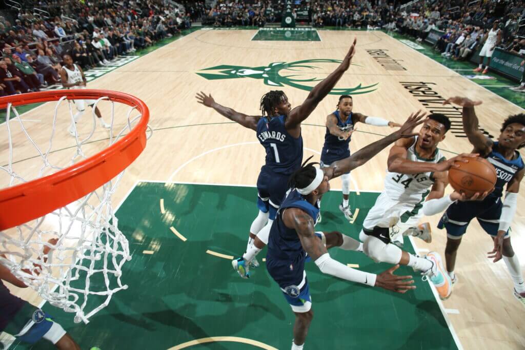 Nov 18, 2024; Milwaukee, Wisconsin, USA; Milwaukee Bucks forward Giannis Antetokounmpo (34) looks on during the second quarter against the Houston Rockets at Fiserv Forum. Mandatory Credit: Jeff Hanisch-Imagn Images