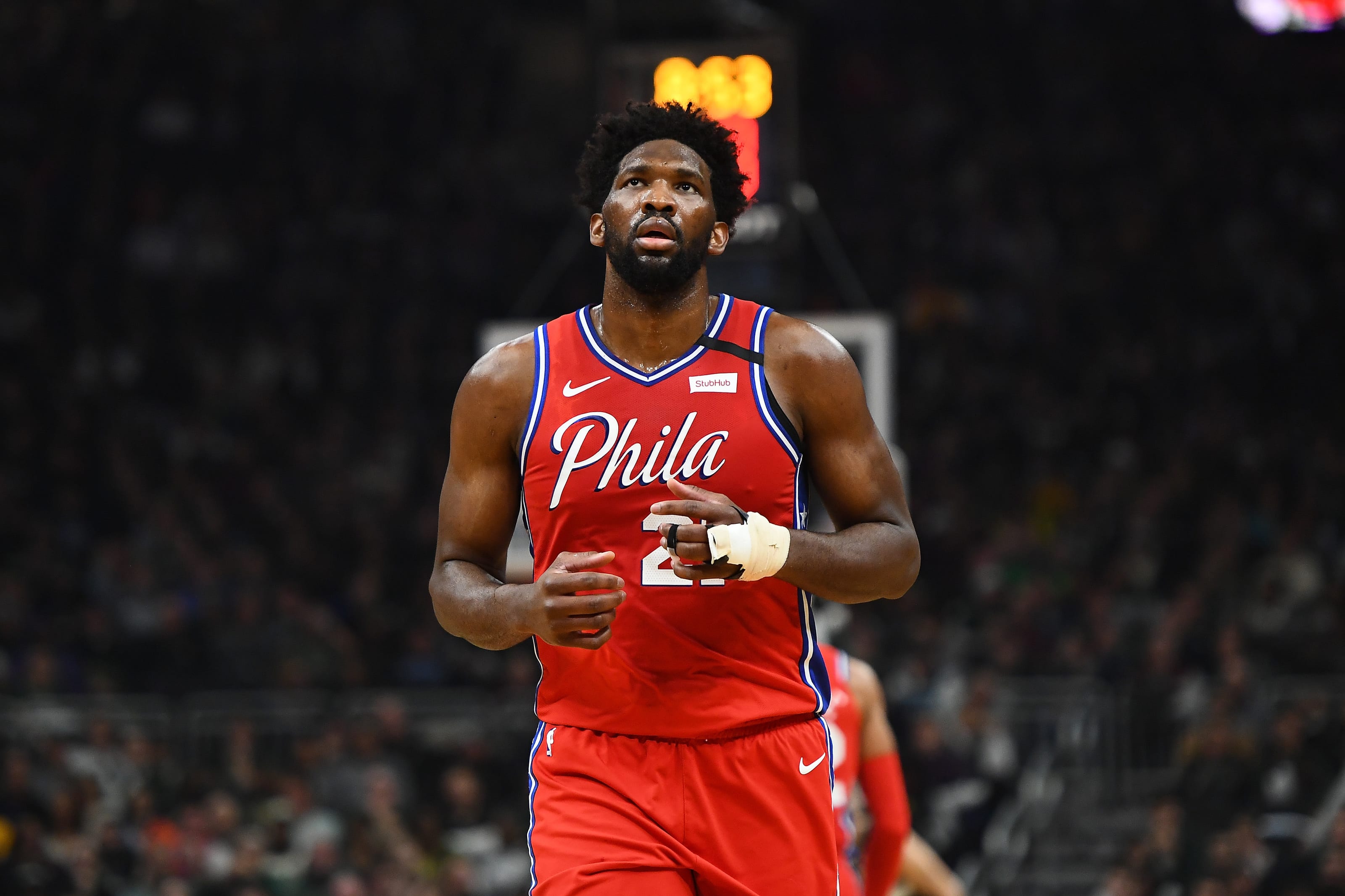 Philadelphia 76ers center Joel Embiid (21) reacts after a turnover during the second half against the Memphis Grizzlies at FedExForum