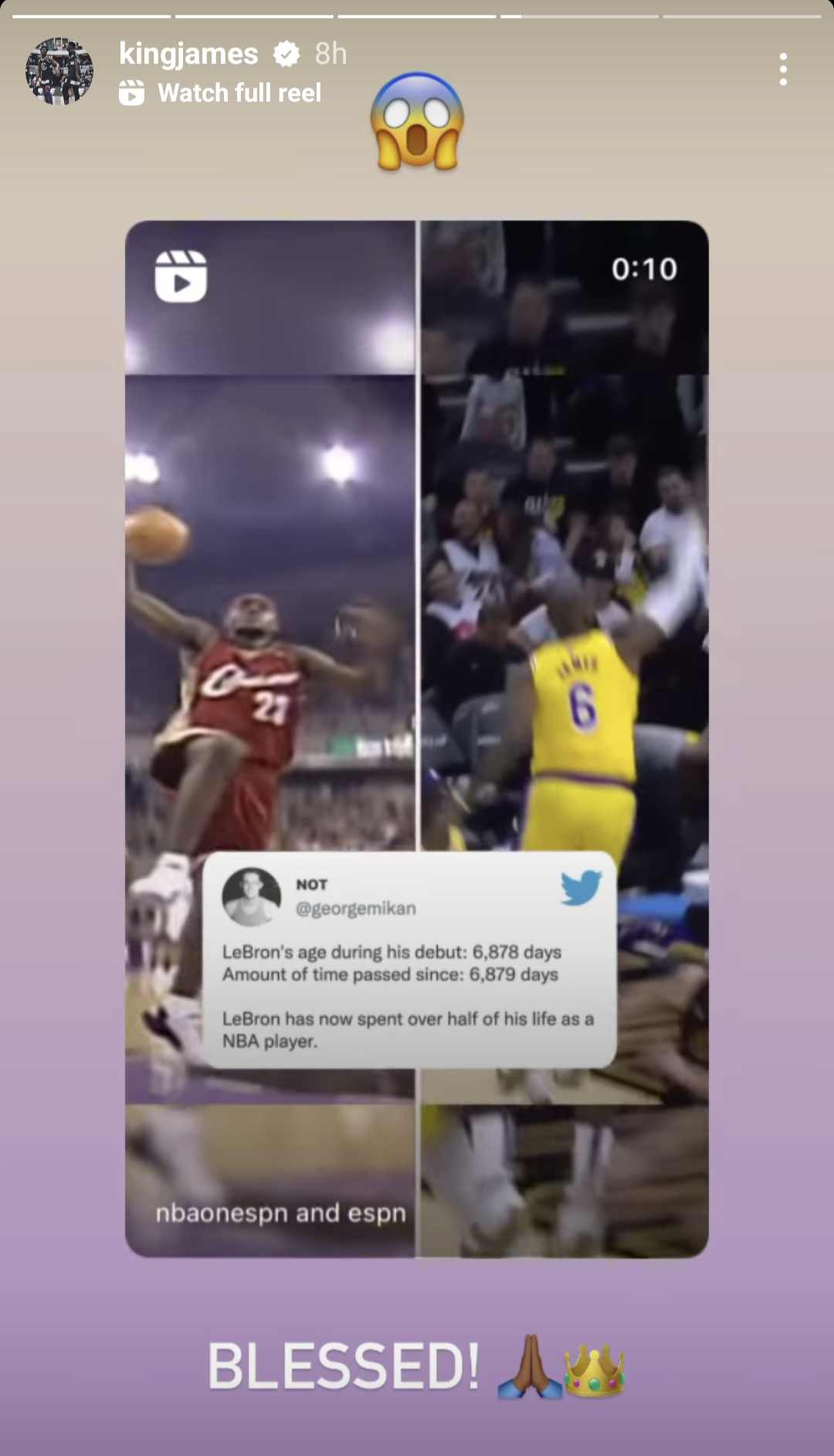 LeBron James Reacts To Spending Over Half His Life In The NBA On Instagram Story: "Blessed."