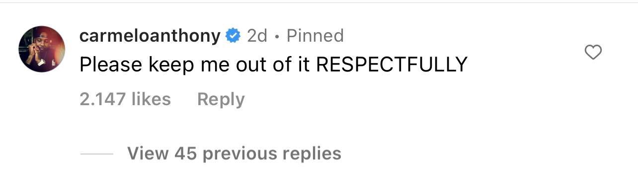 Carmelo Anthony comment on Instagram