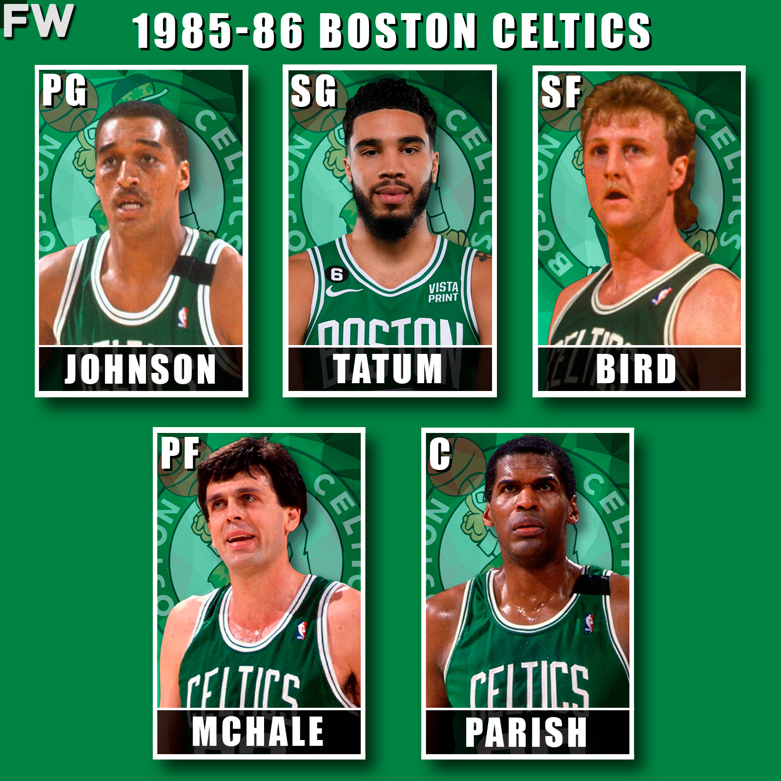 Dennis Johnson, Jayson Tatum, Larry Bird, Kevin McHale, Robert Parish