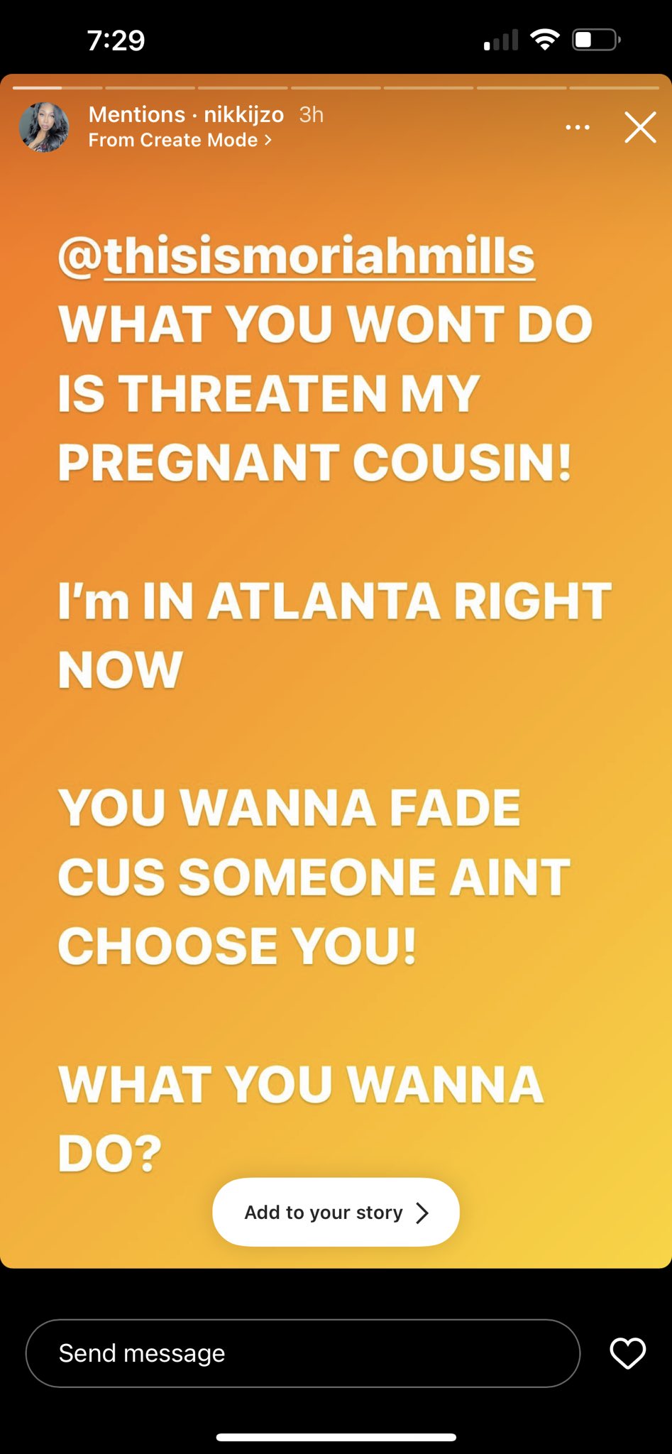 Moriah Mills' Instagram story