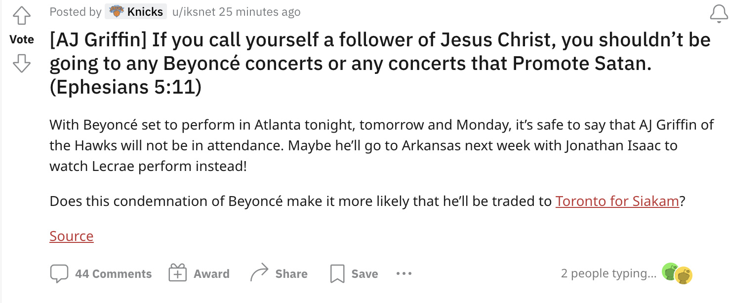 Atlanta Hawks Player Apparently Calls Out People Who Will Go To Beyonce Concert Because She Promotes Satan