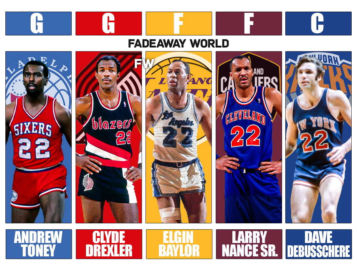 All-Time No. 22 Starting Lineup: Andrew Toney, Clyde Drexler, Elgin Baylor, Larry Nance, Dave DeBusschere
