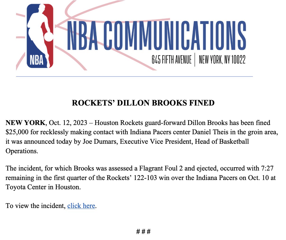 Dillon Brooks Fined
