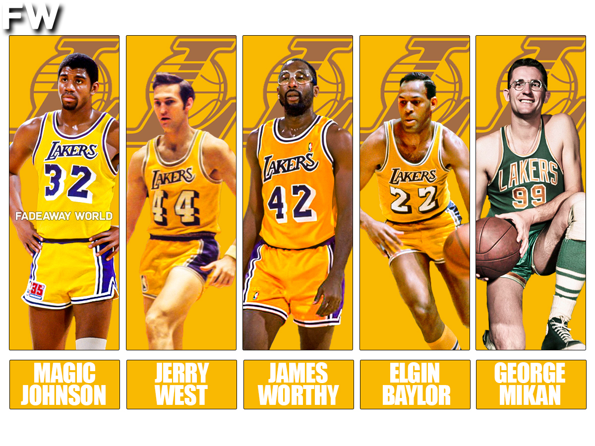 Magic Johnson, Jerry West, James Worthy, Elgin Baylor, George Mikan
