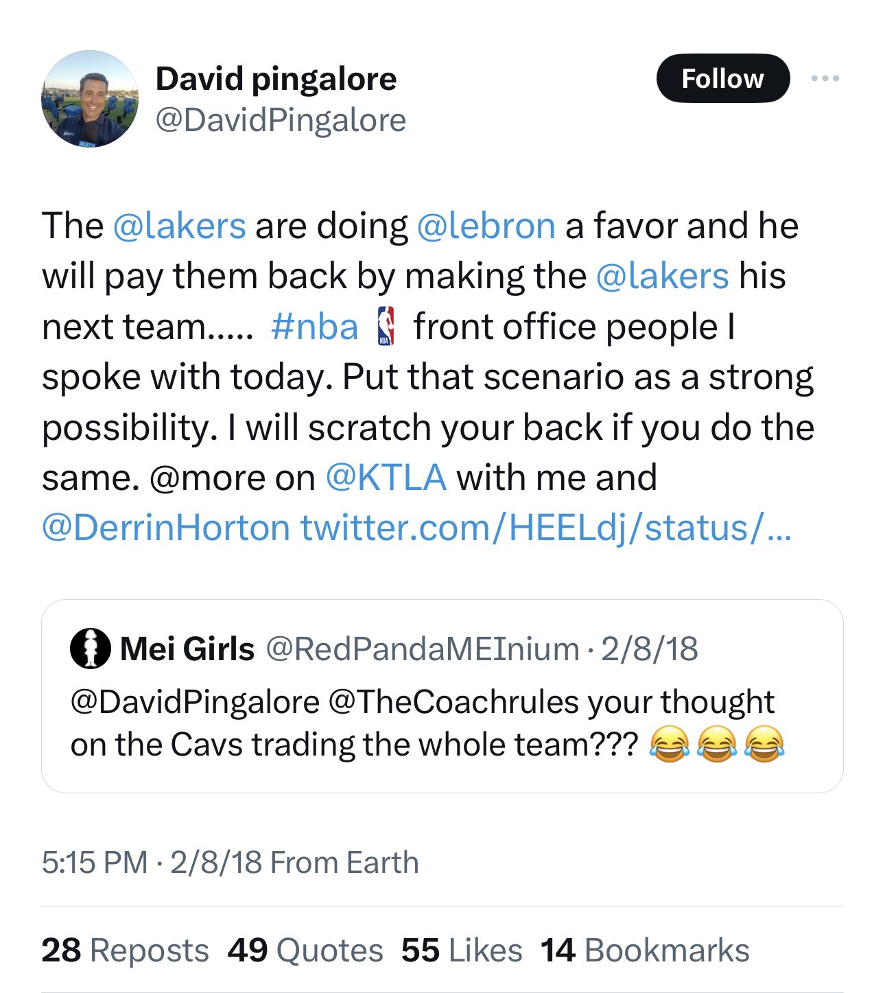 David Pingalore predicts the Lakers will be the next LeBron James team (2018)