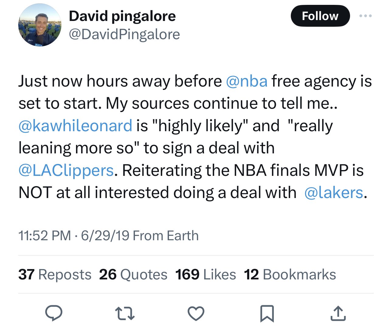 David Pingalore Report about Kawhi Leonard to Clippers in 2019