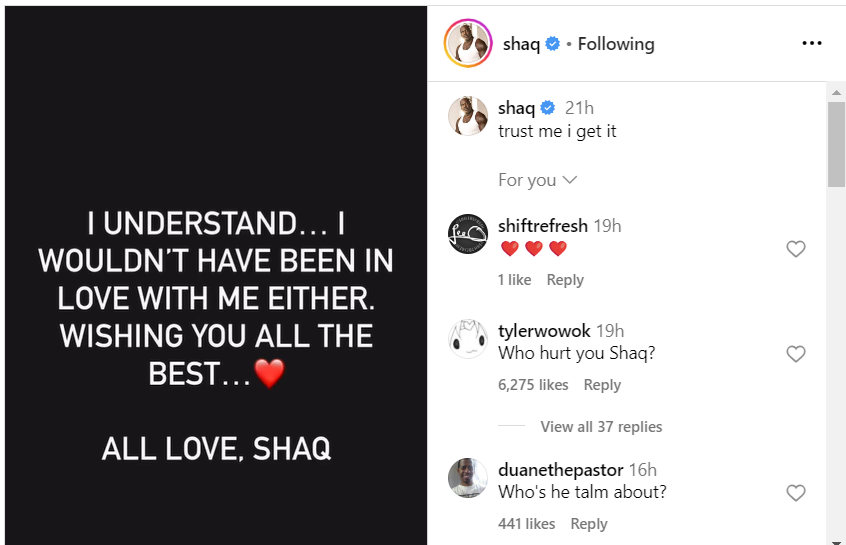 Shaquille O'Neal's Instagram Story about his ex-wife