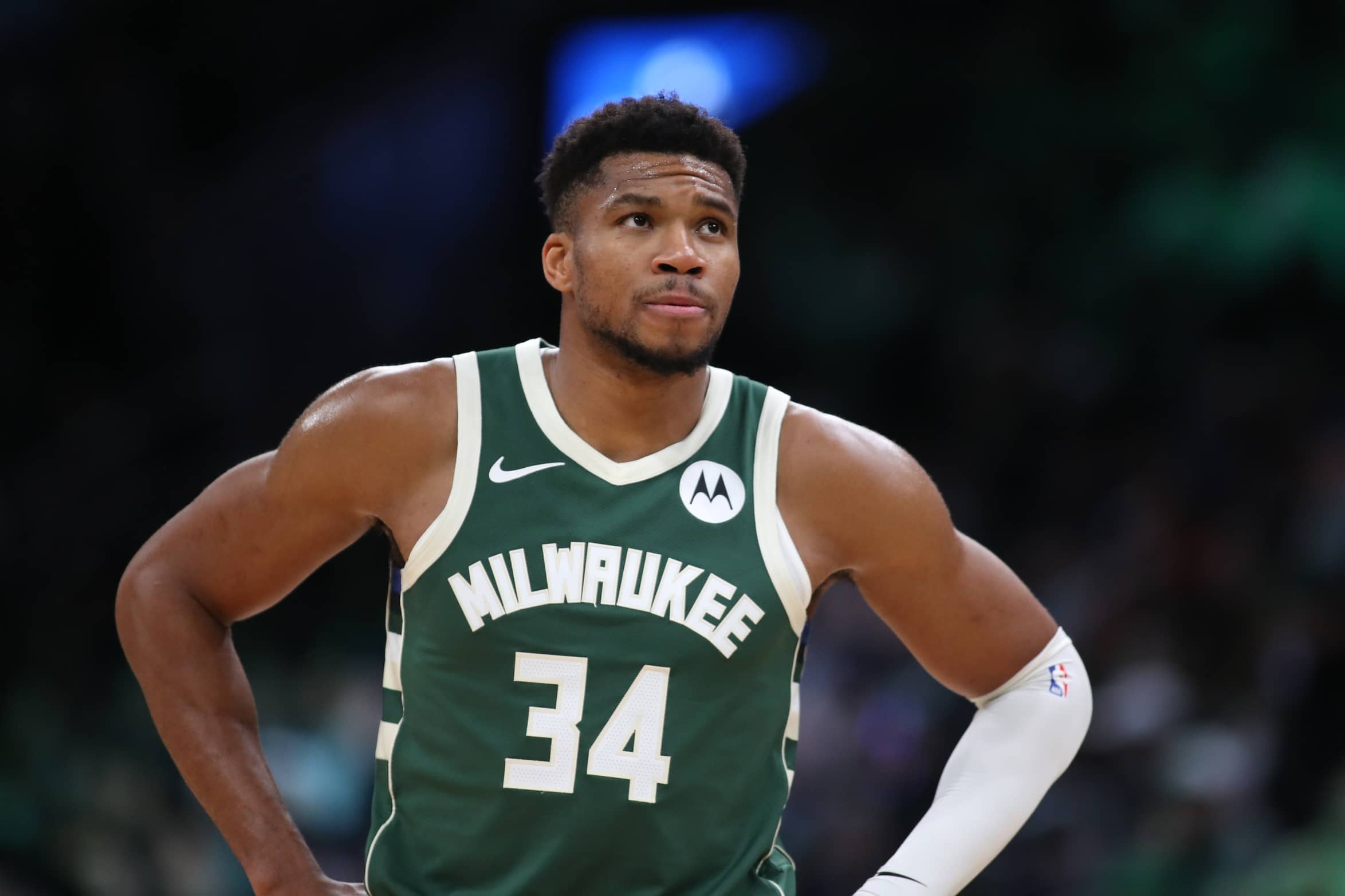 Giannis Antetokounmpo looks on during a game against the Celtics.