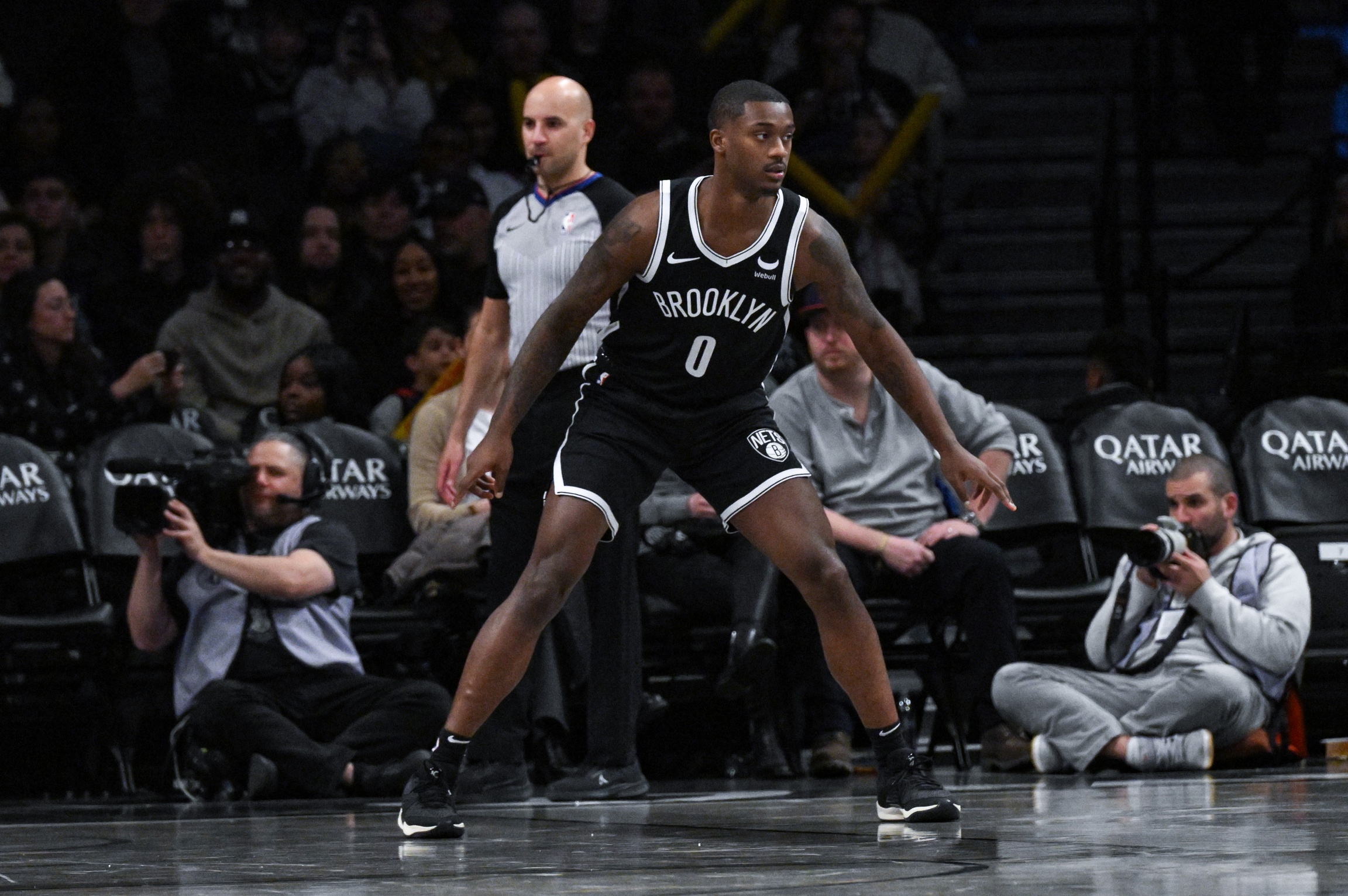 Nov 25, 2023; Brooklyn, New York, USA; Brooklyn Nets forward Dariq Whitehead (0) during his NBA debut in the fourth quarter against the Miami Heat at Barclays Center.