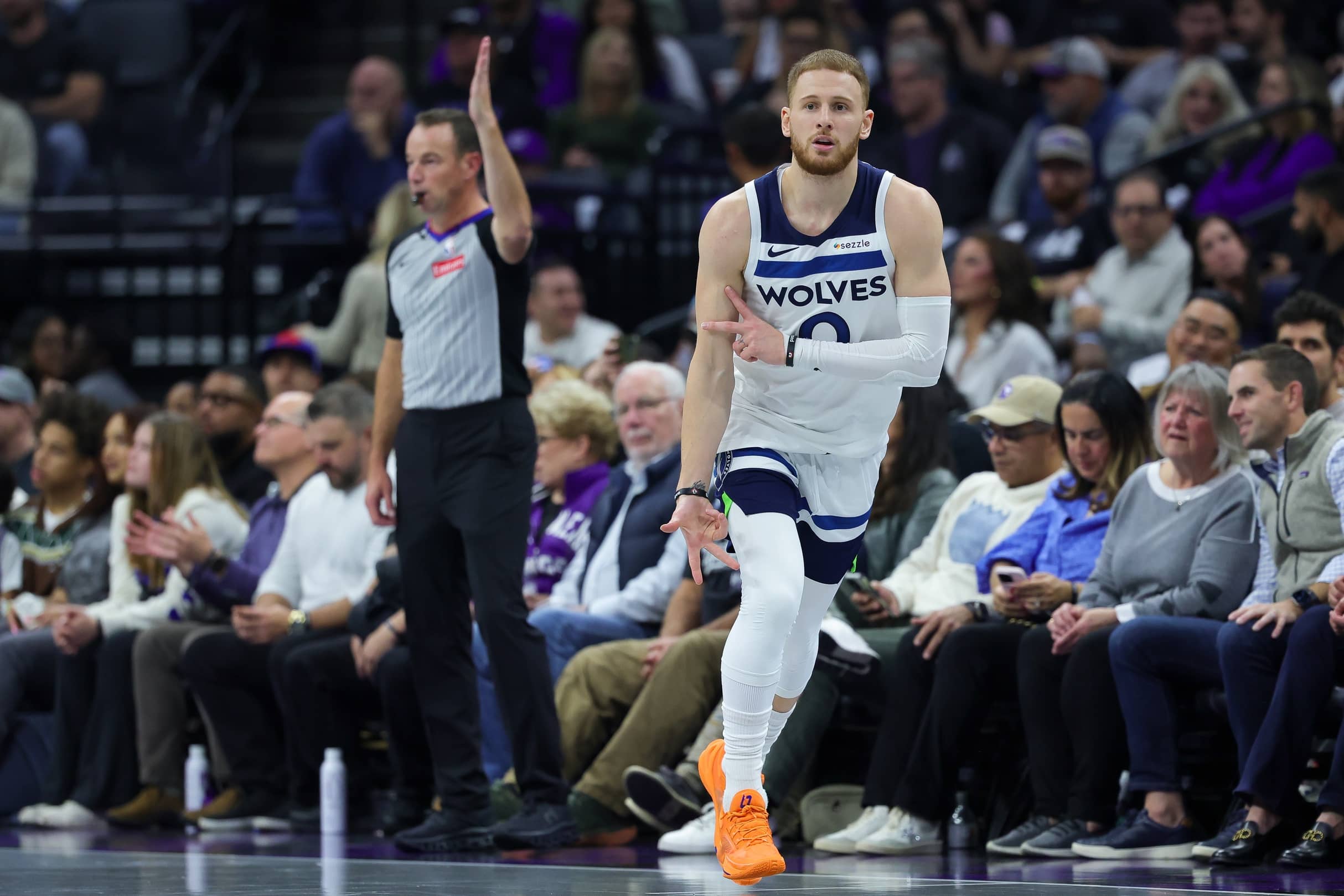 Dec 15, 2024; San Antonio, Texas, USA; Minnesota Timberwolves guard Donte DiVincenzo (0) dribbles up the court in the first half against the San Antonio Spurs at Frost Bank Center. Mandatory Credit: Daniel Dunn-Imagn Images