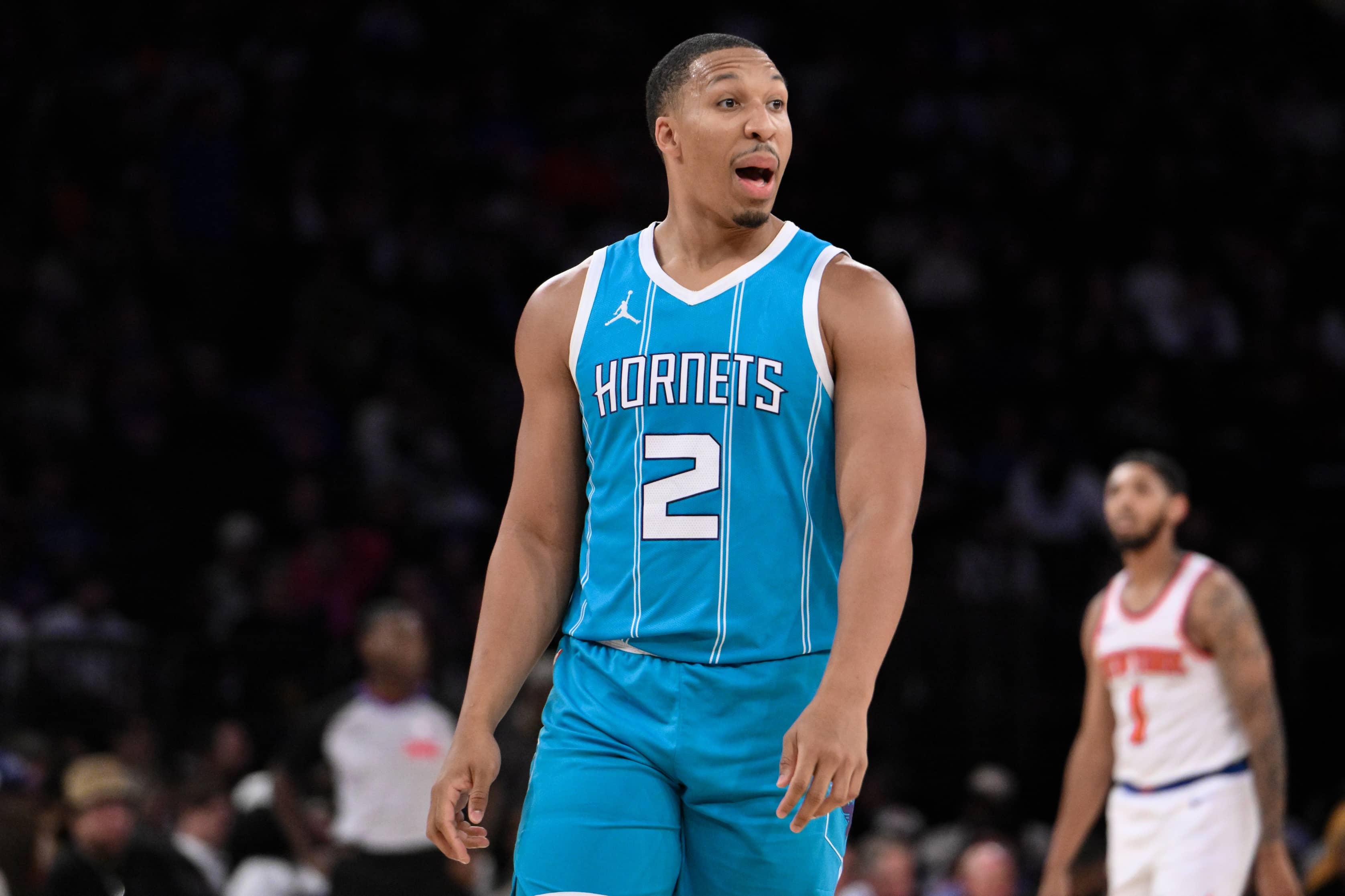 Oct 15, 2024; New York, New York, USA; Charlotte Hornets forward Grant Williams (2) reacts during the first half against the New York Knicks at Madison Square Garden.
