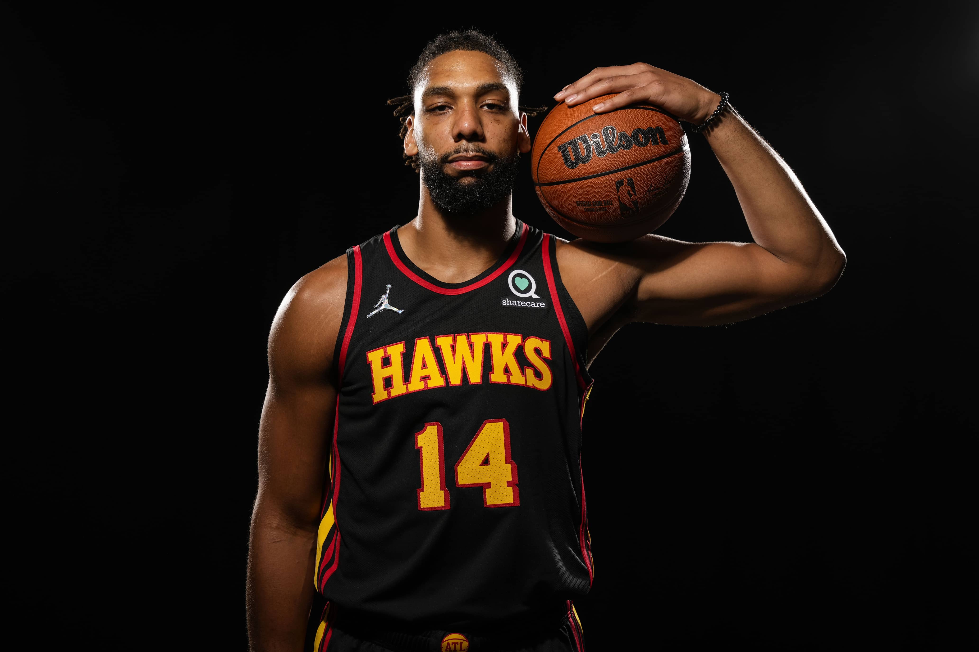 Sep 27, 2021; Atlanta, GA, USA; Atlanta Hawks center Jahlil Okafor (14) shown at Hawks Media Day held at PC&E. Mandatory Credit: Dale Zanine-Imagn Images