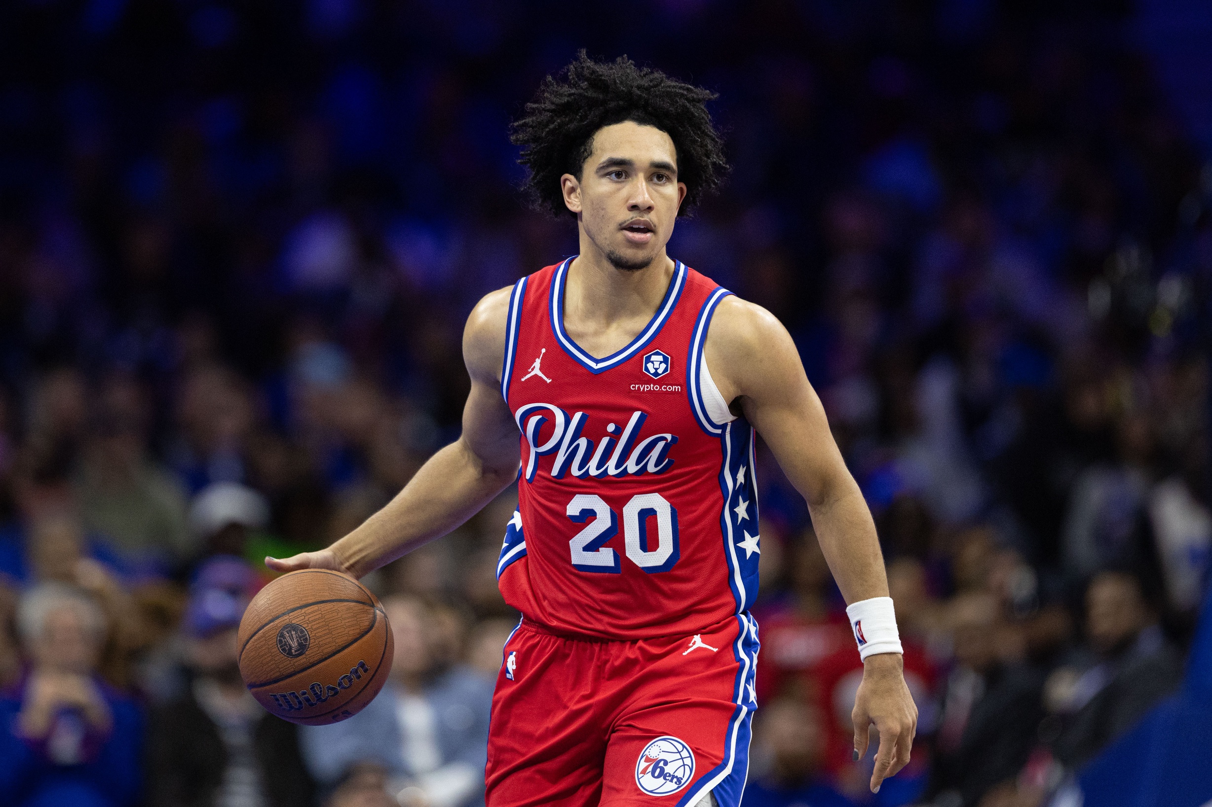 Nov 22, 2024; Philadelphia, Pennsylvania, USA; Philadelphia 76ers guard Jared McCain (20) dribbles the ball against the Brooklyn Nets during the third quarter at Wells Fargo Center.