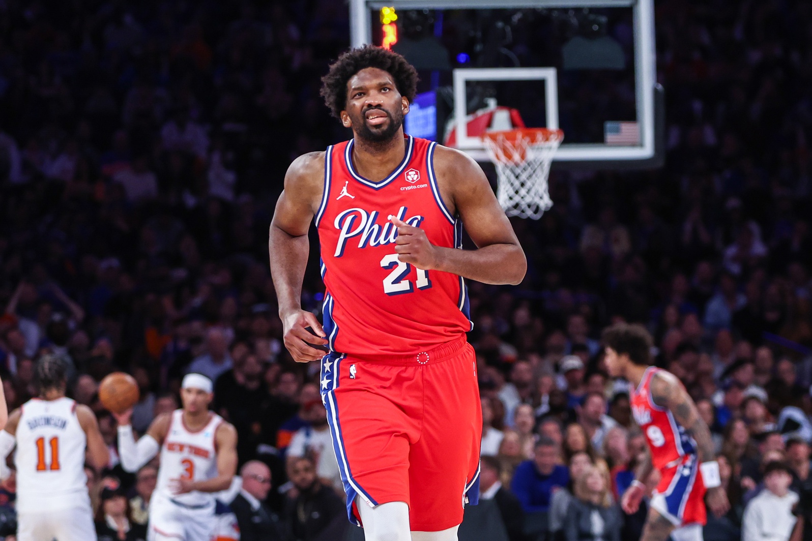 Apr 20, 2024; New York, New York, USA; Philadelphia 76ers center Joel Embiid (21) during game one of the first round for the 2024 NBA playoffs at Madison Square Garden. Mandatory Credit: Wendell Cruz-Imagn Images