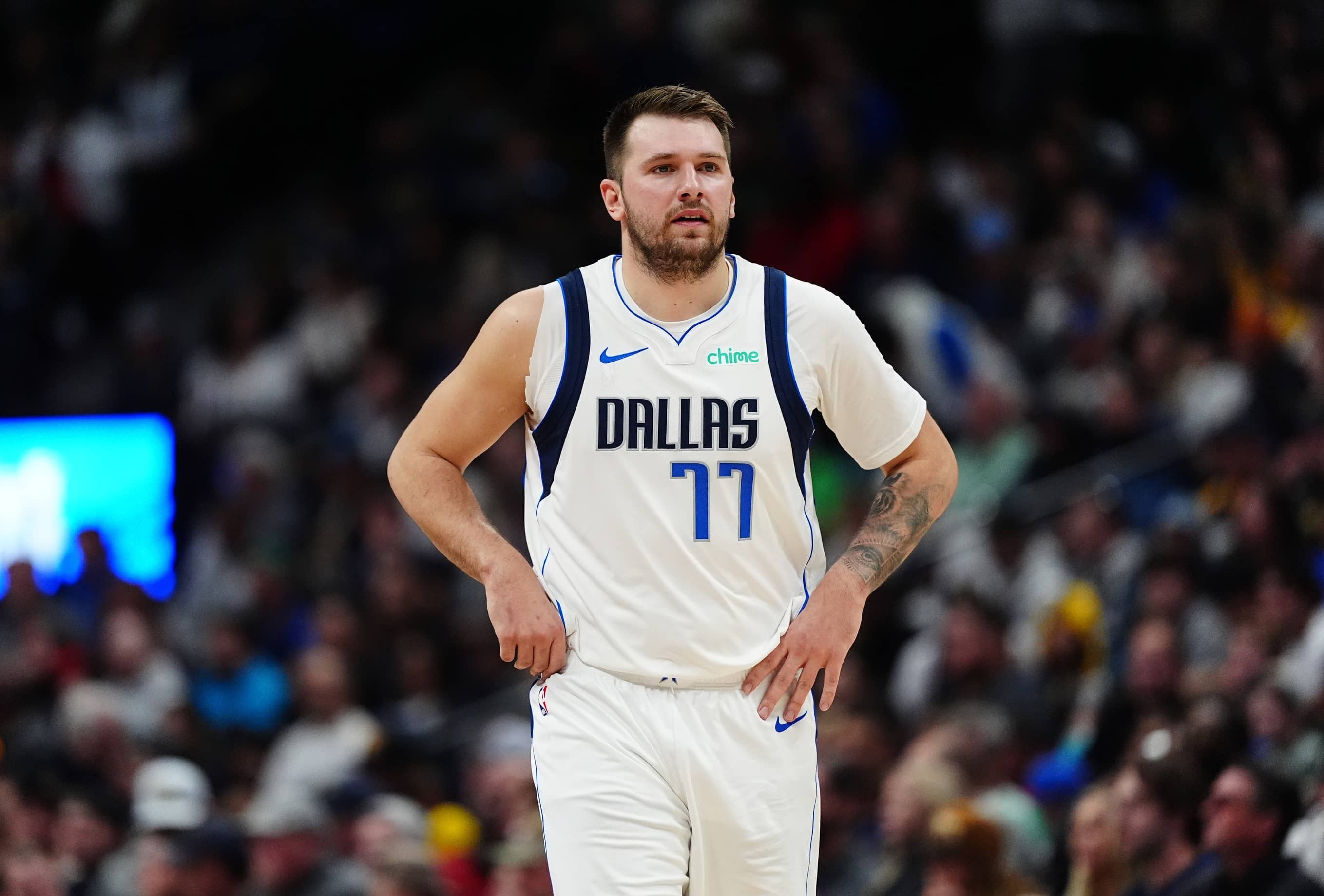 Nov 10, 2024; Denver, Colorado, USA; Dallas Mavericks guard Luka Doncic (77) during the first quarter against the Denver Nuggets at Ball Arena. Mandatory Credit: Ron Chenoy-Imagn Images  