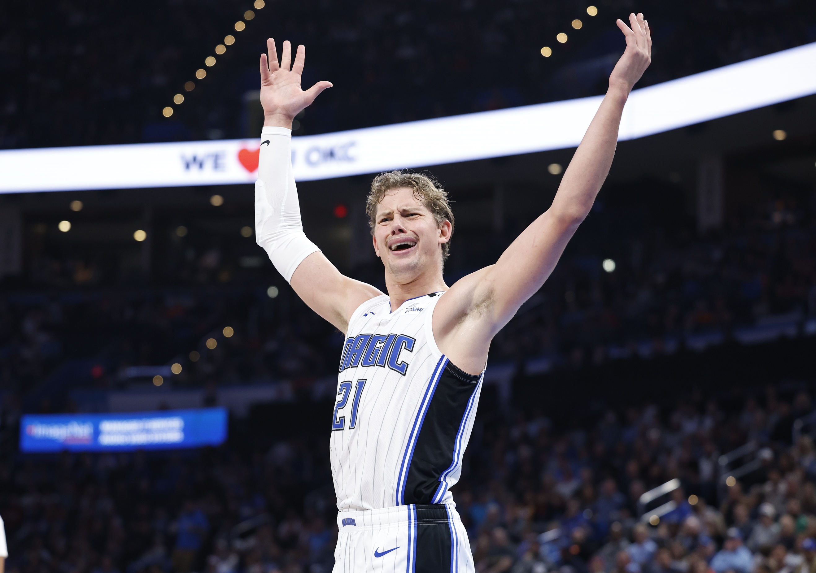 Nov 4, 2024; Oklahoma City, Oklahoma, USA; Orlando Magic center Moritz Wagner (21) reacts after a play against the Oklahoma City Thunder during the second half at Paycom Center. 
