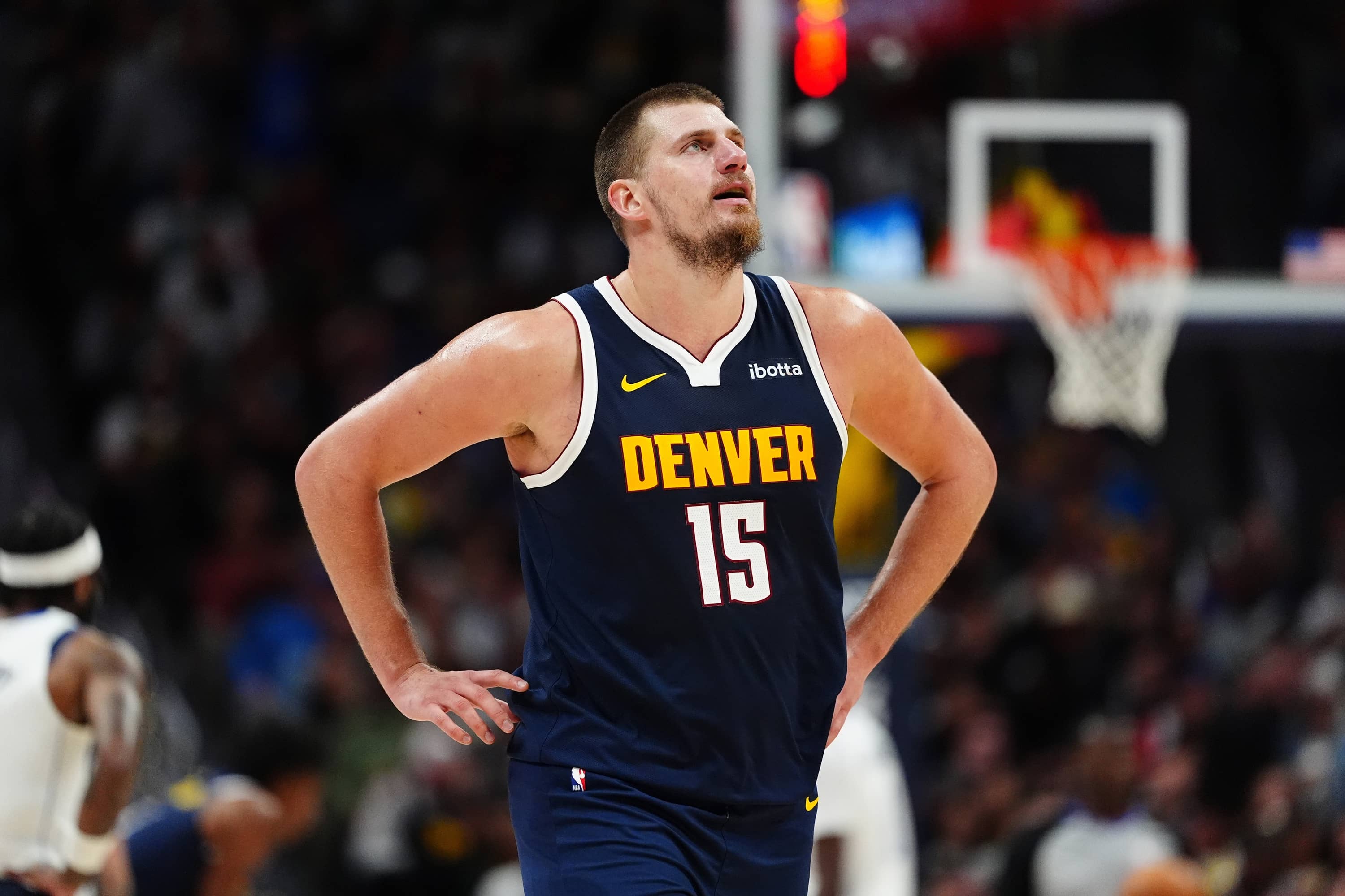 Denver Nuggets center Nikola Jokic (15) reacts in the second half against the Dallas Mavericks at Ball Arena.
