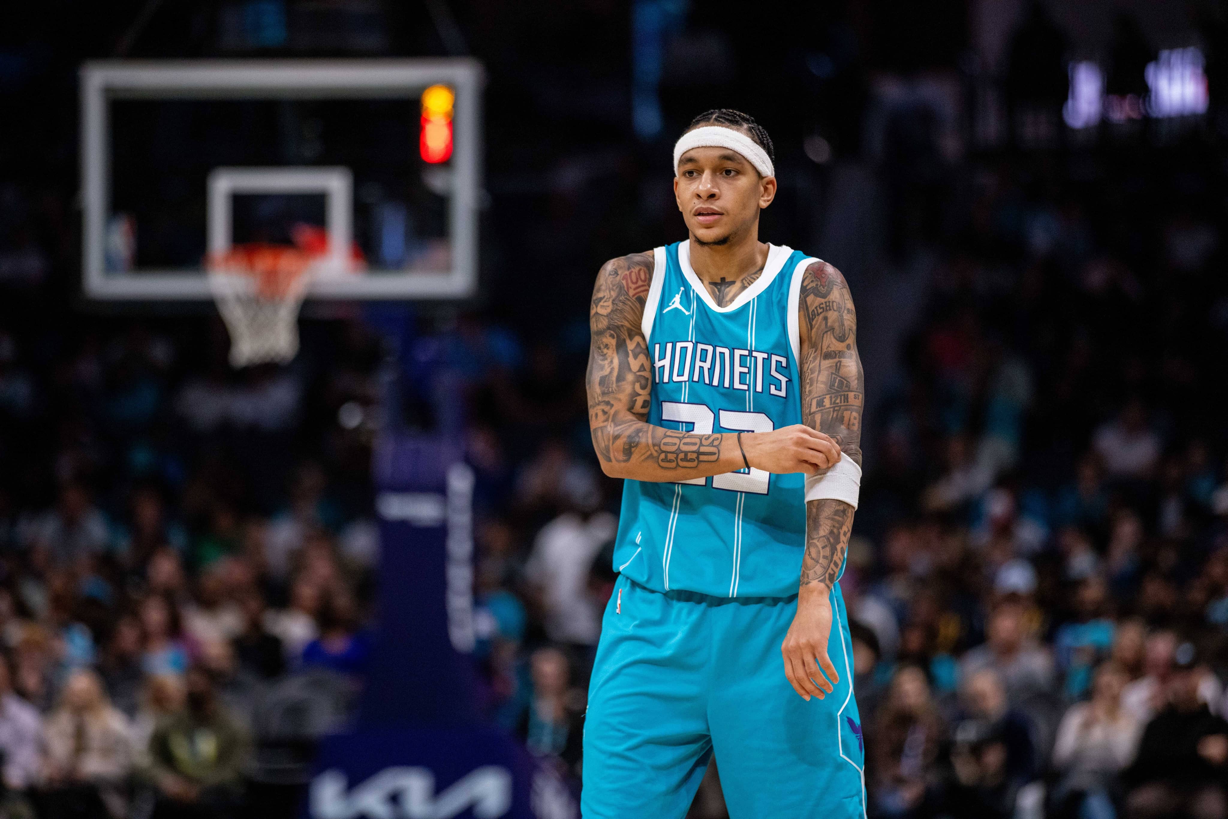 Nov 8, 2024; Charlotte, North Carolina, USA; Charlotte Hornets guard Tre Mann (23) during the second quarter against the Indiana Pacers at Spectrum Center.