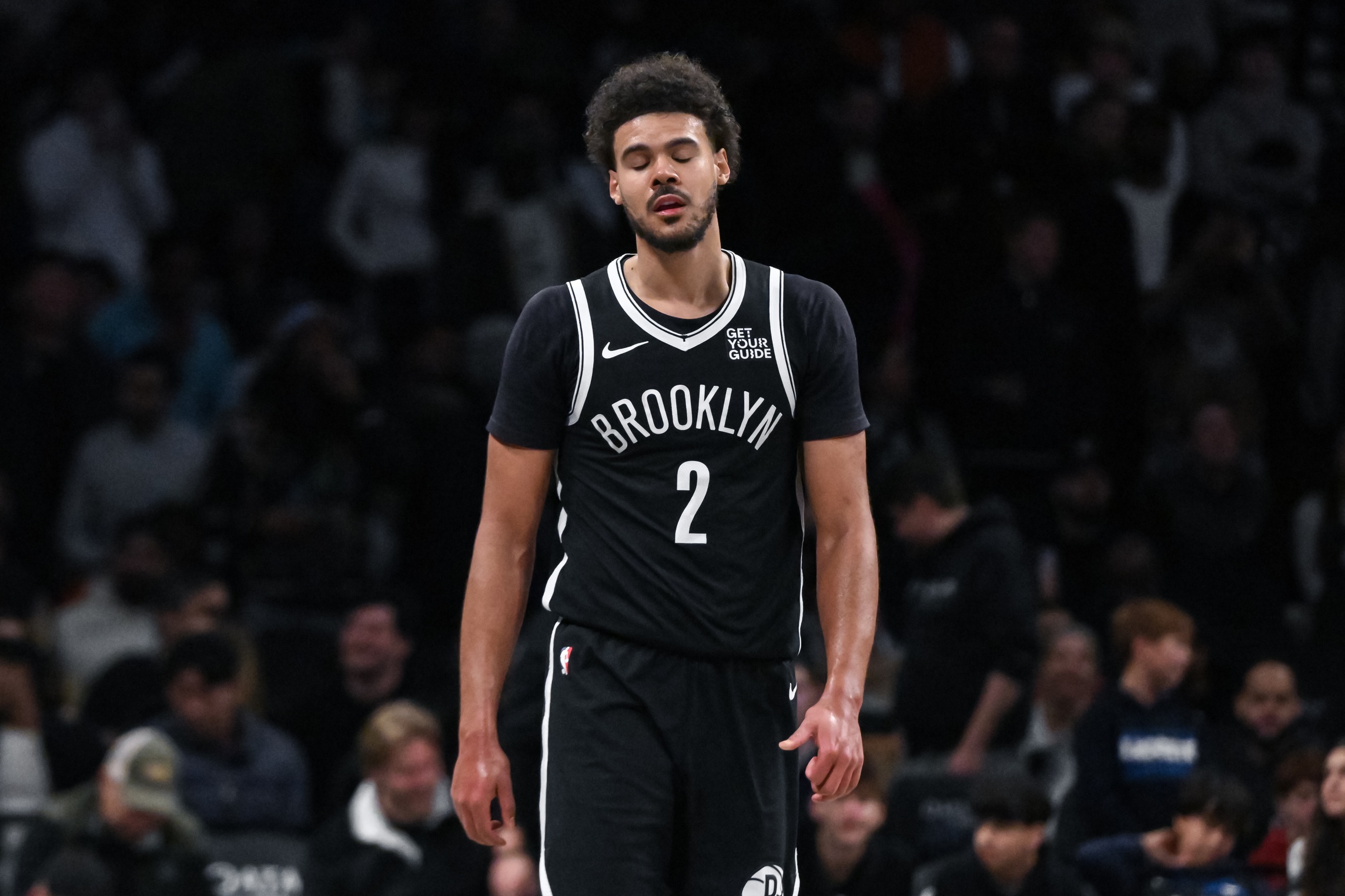 Brooklyn Nets forward Cameron Johnson (2) reacts during the second half against the Milwaukee Bucks at Barclays Center. Mandatory Credit: John Jones-Imagn Images