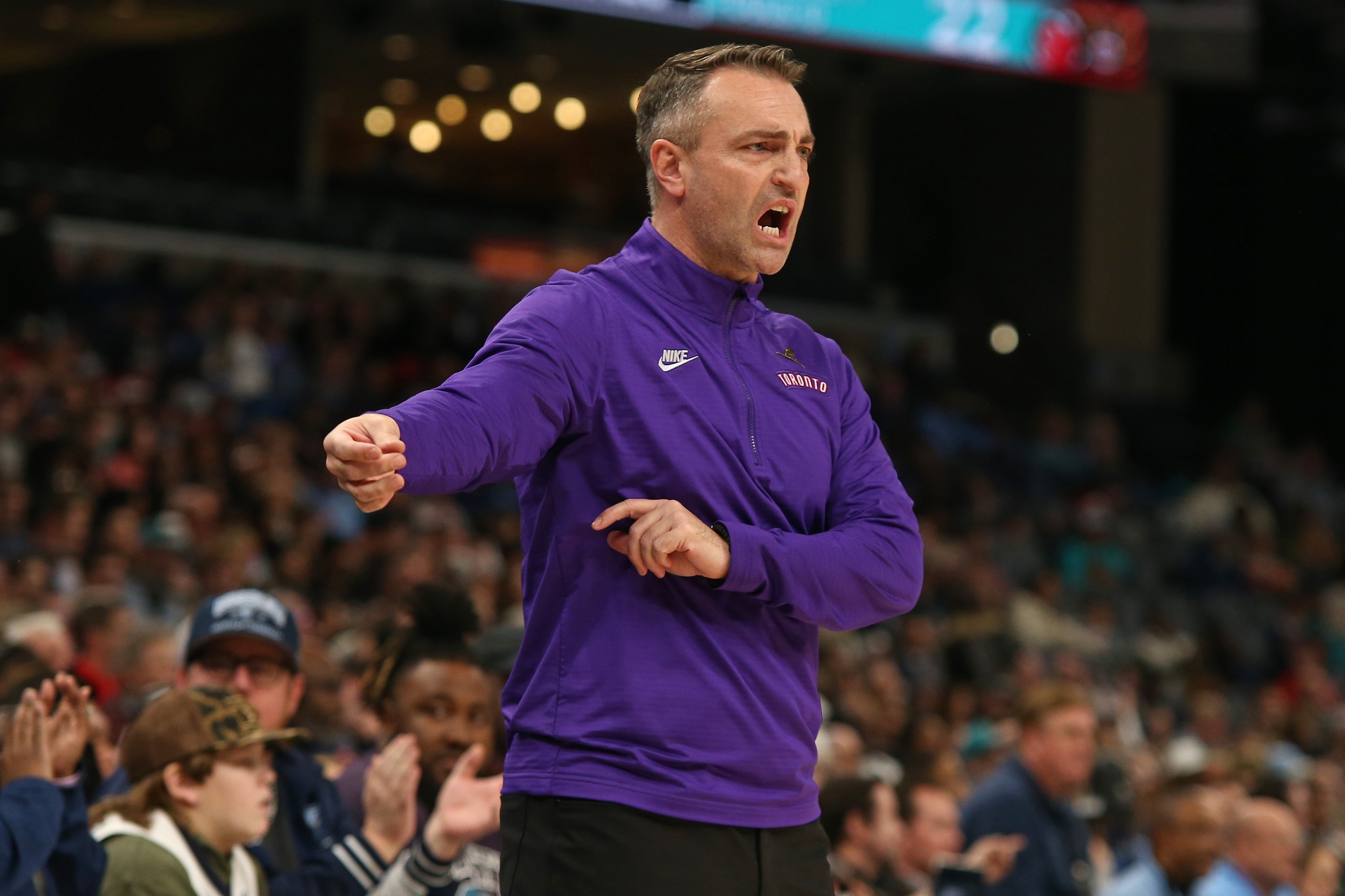 Toronto Raptors head coach Darko Rajakovic reacts during the first quarter against the Memphis Grizzlies at FedExForum. Mandatory Credit: Petre Thomas-Imagn Images