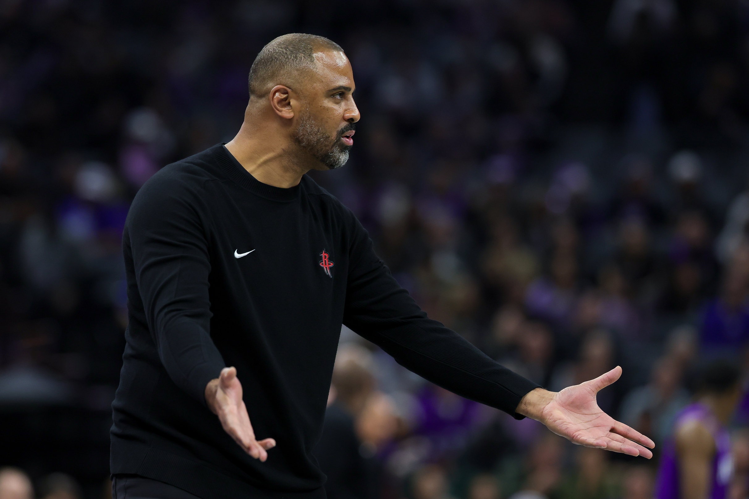 Houston Rockets head coach Ime Udoka reacts to a play during the second quarter against the Sacramento Kings at Golden 1 Center. Mandatory Credit: Sergio Estrada-Imagn Images