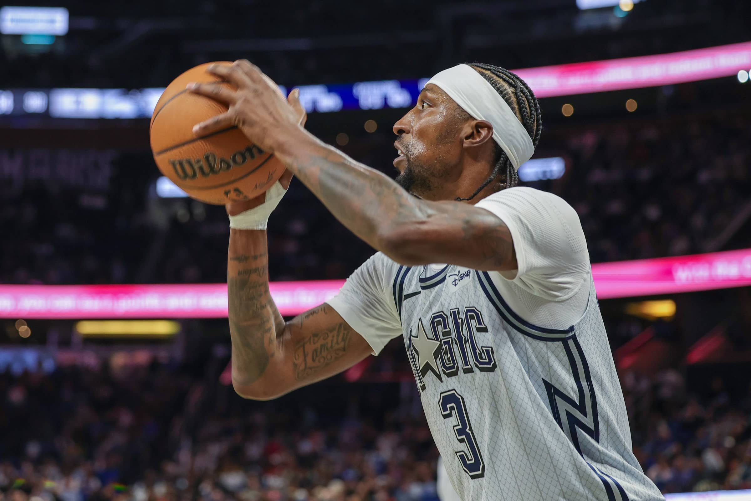 Nov 23, 2024; Orlando, Florida, USA; Orlando Magic guard Kentavious Caldwell-Pope (3) shoots during the second half against the Detroit Pistons at Kia Center. Mandatory Credit: Mike Watters-Imagn Images