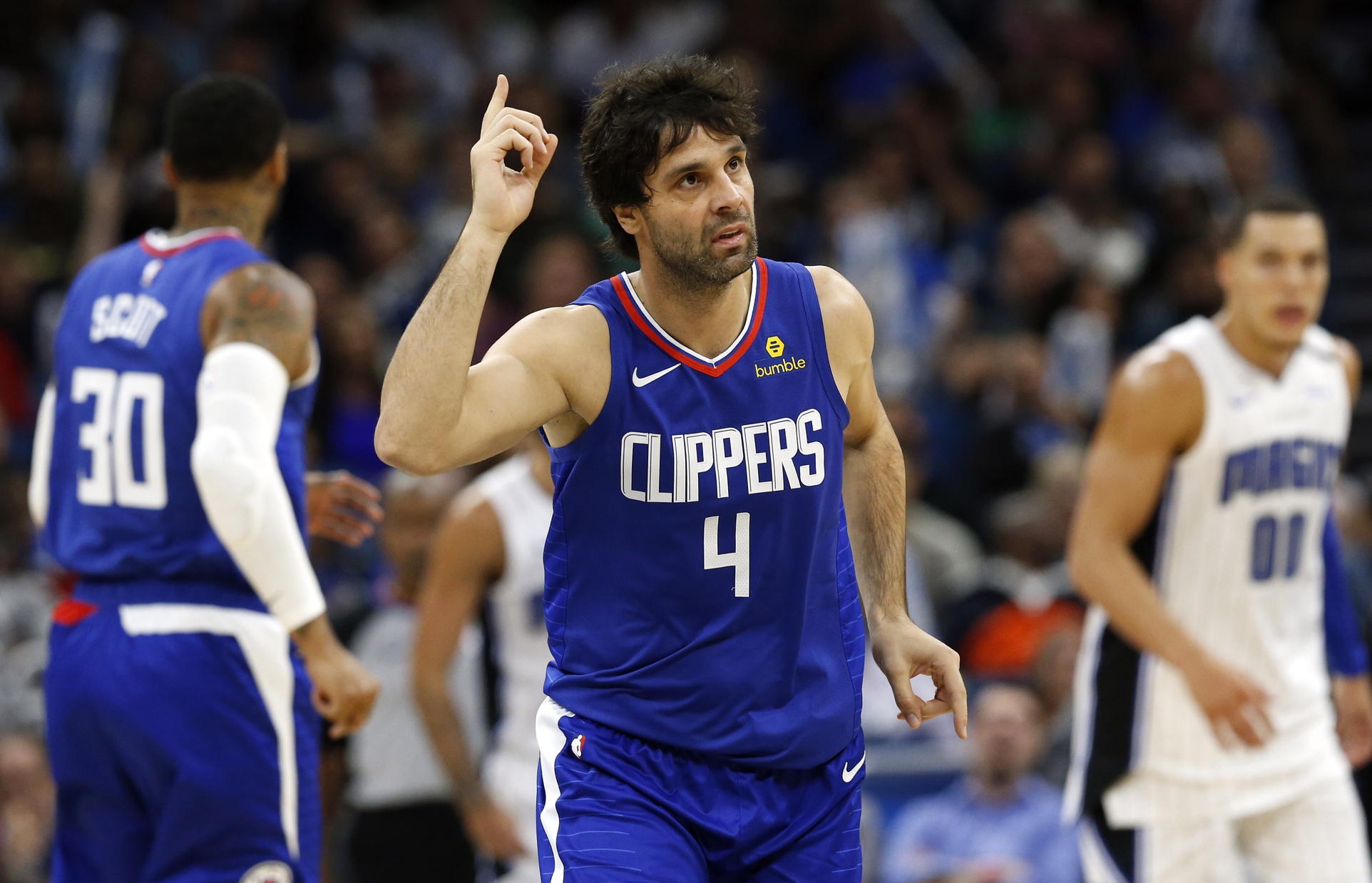 Nov 2, 2018; Orlando, FL, USA; LA Clippers guard Milos Teodosic (4) reacts after making a three point basket against the Orlando Magic during the second half at Amway Center