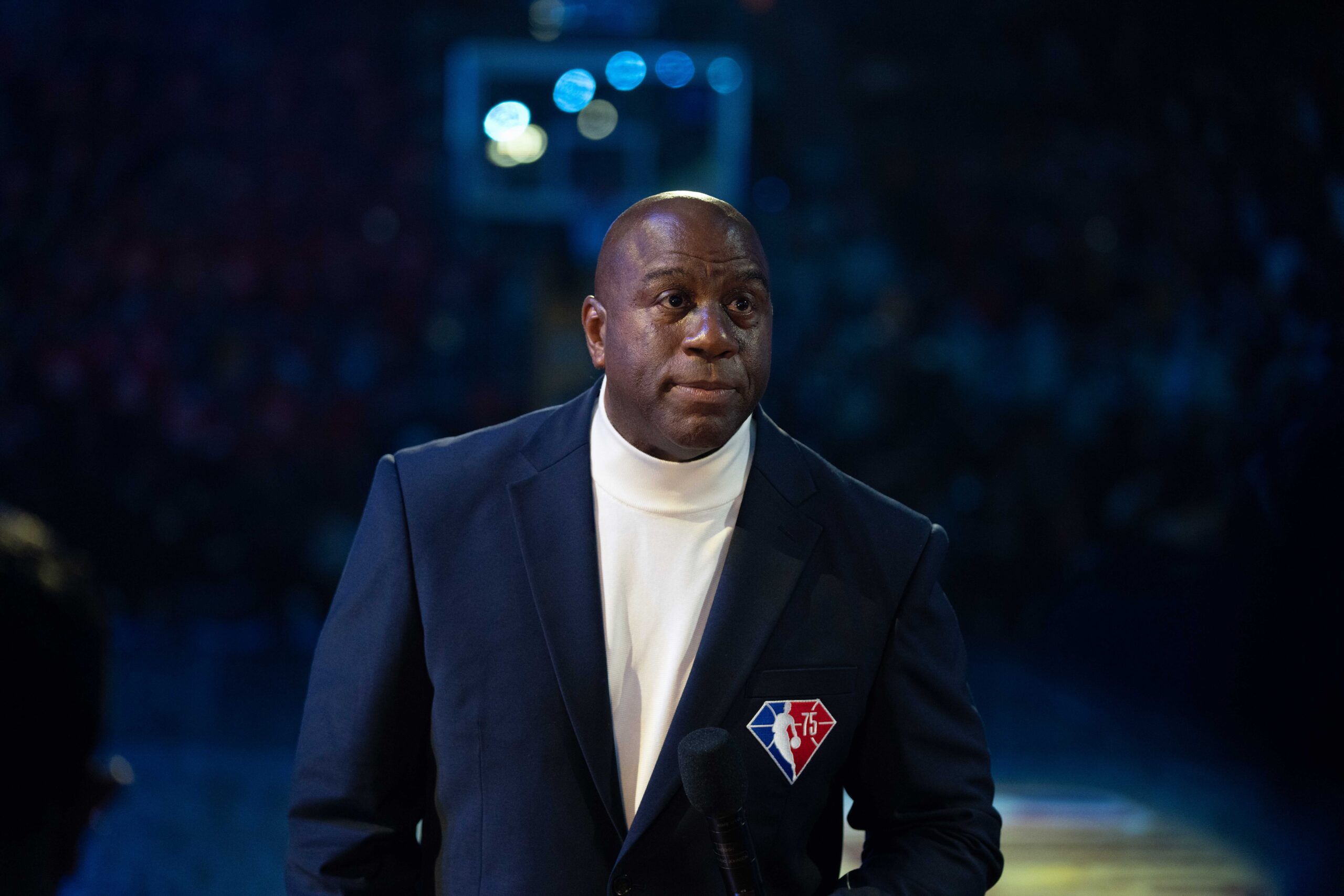 Cleveland, Ohio, USA; NBA great Magic Johnson before the 2022 NBA All-Star Game at Rocket Mortgage FieldHouse. Mandatory Credit: Kyle Terada-Imagn Images