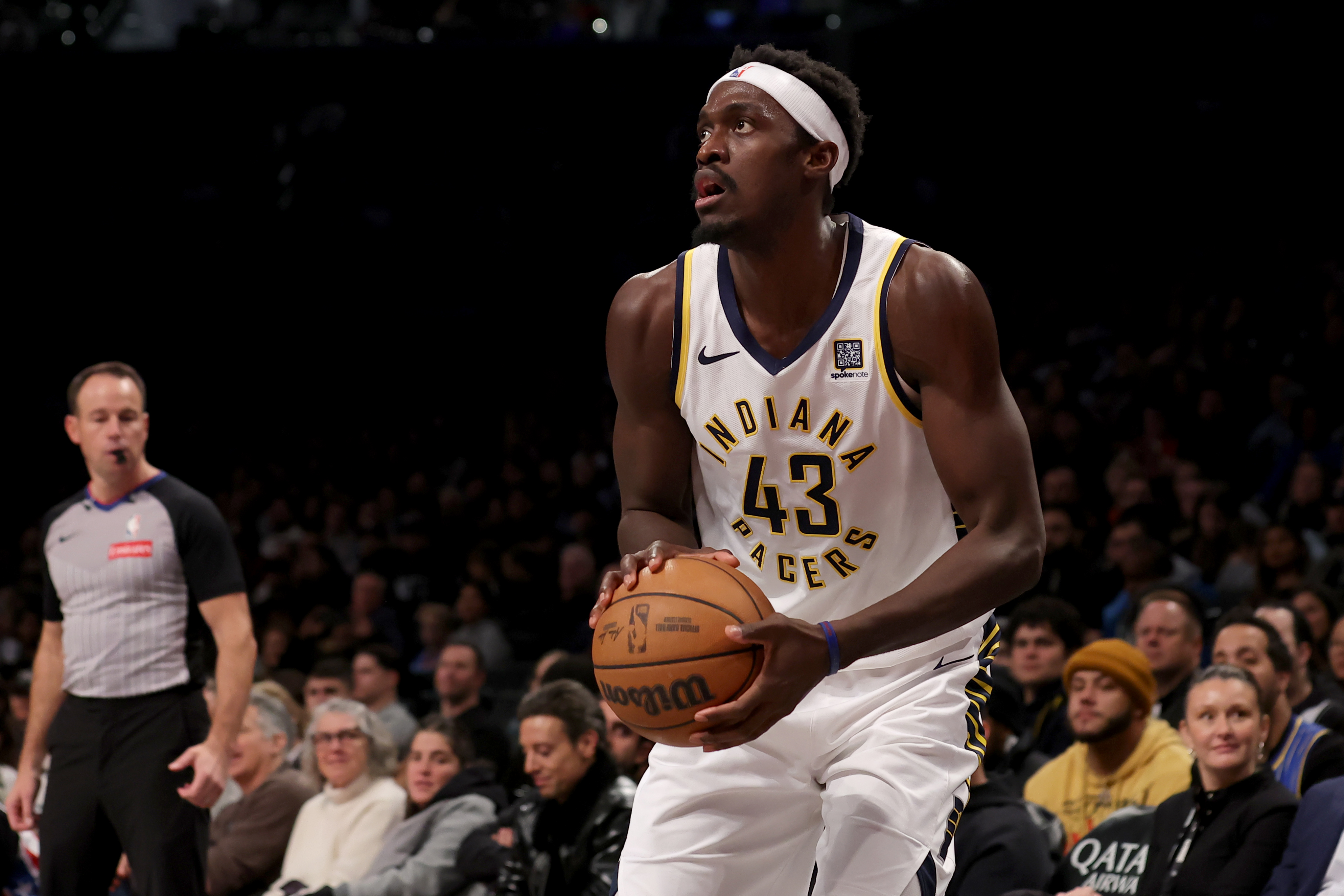 Dec 4, 2024; Brooklyn, New York, USA; Indiana Pacers forward Pascal Siakam (43) looks to shoot the ball against the Brooklyn Nets during the second quarter at Barclays Center. Mandatory Credit: Brad Penner-Imagn Images