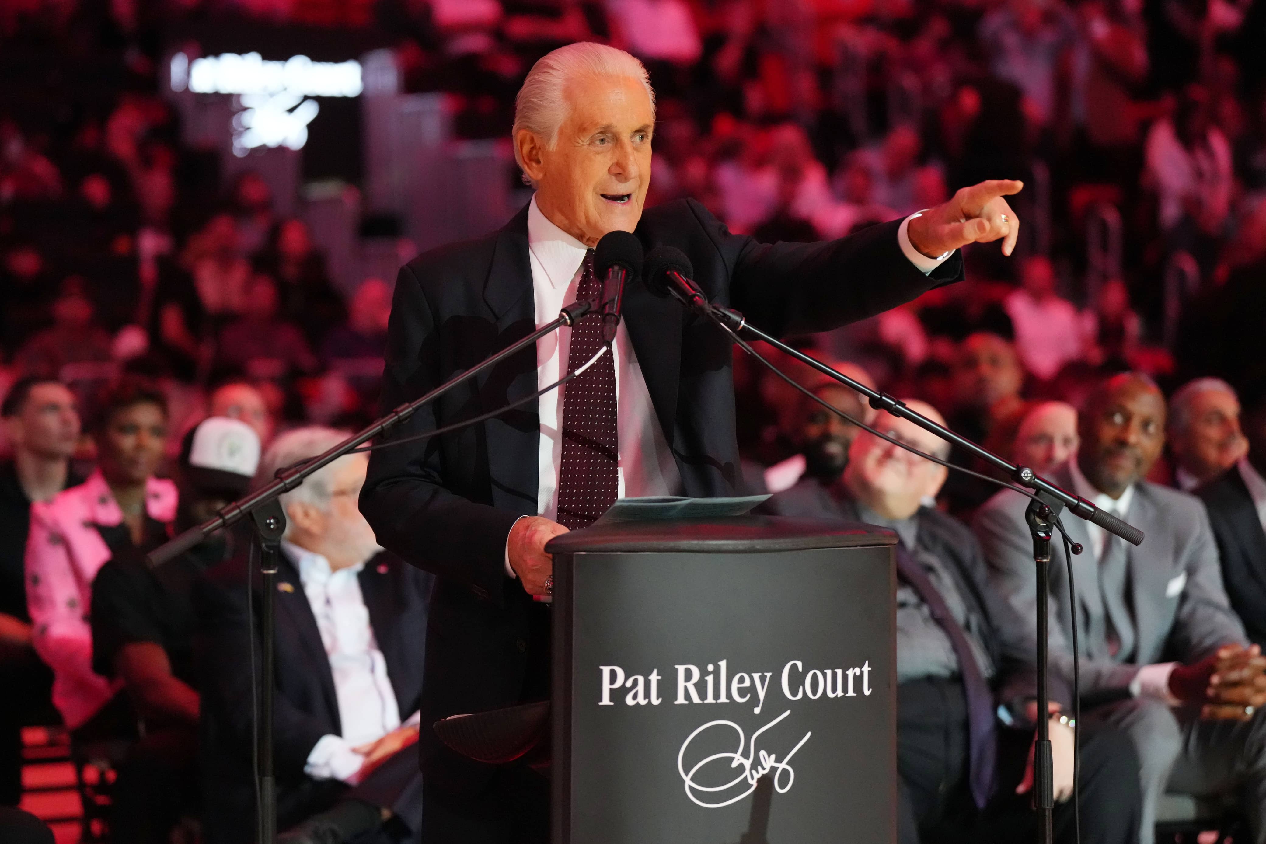 Dec 10, 2022; Miami, Florida, USA; Miami Heat team president Pat Riley looks on during the first half of a game against the San Antonio Spurs at FTX Arena. Mandatory Credit: Jim Rassol-Imagn Images  